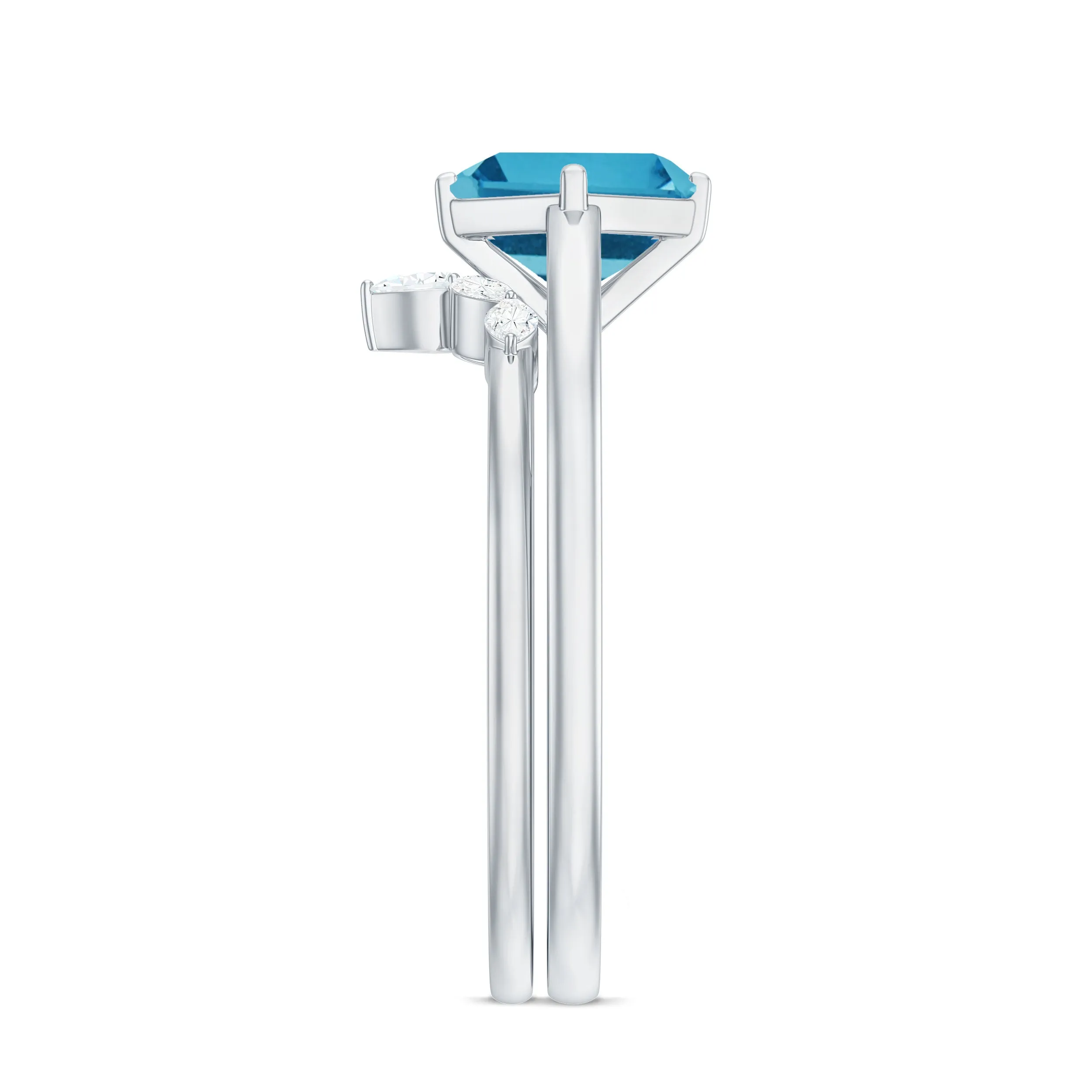 Princess Cut Swiss Blue Topaz Solitaire Ring Set with Diamond
