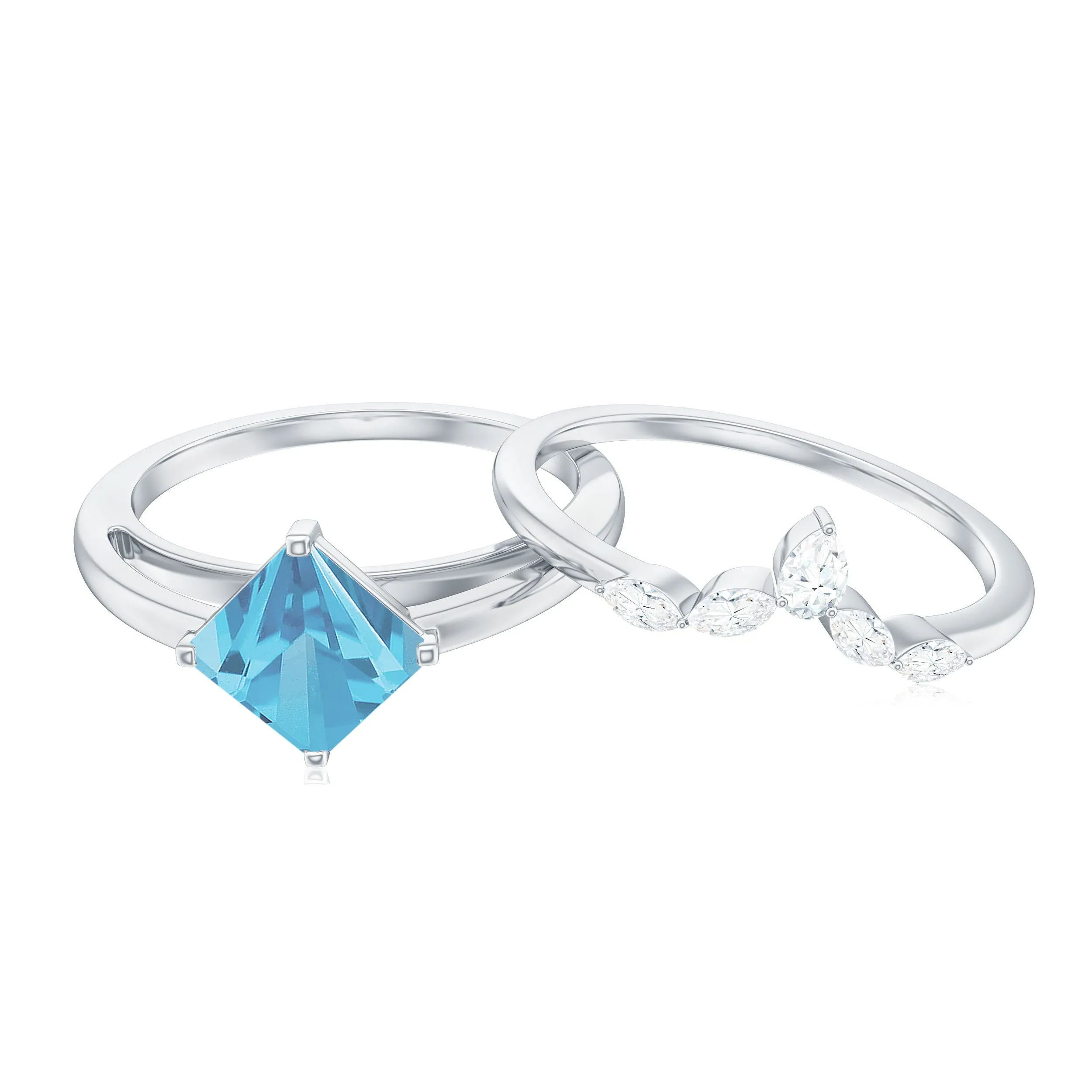 Princess Cut Swiss Blue Topaz Solitaire Ring Set with Diamond
