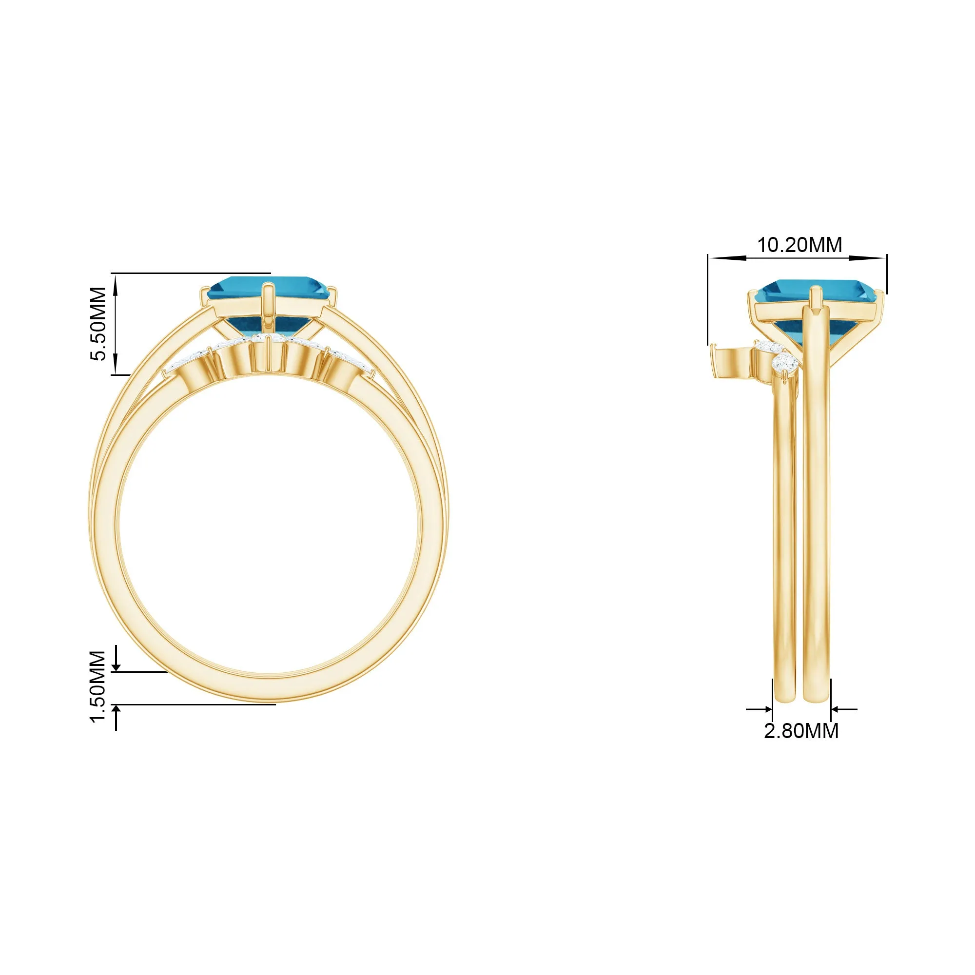 Princess Cut Swiss Blue Topaz Solitaire Ring Set with Diamond