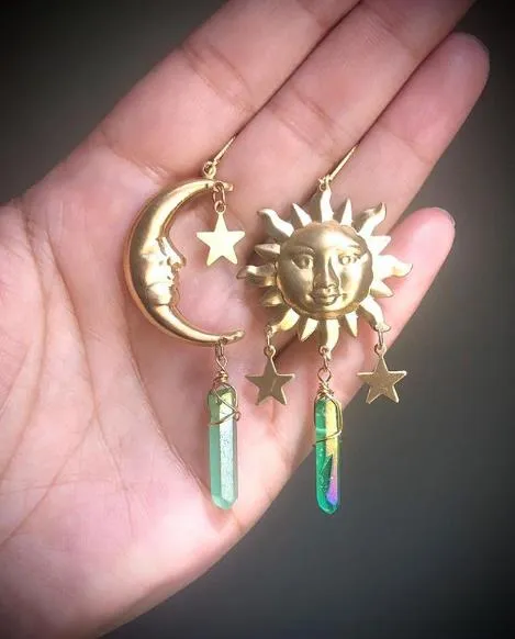 Raw Quartz Crystal Crescent Moon Earrings with Sun, Moon and Star Charms, Celestial Sun Earrings, Star Earrings, Moon Earrings
