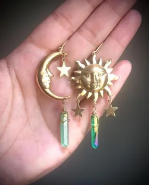 Raw Quartz Crystal Crescent Moon Earrings with Sun, Moon and Star Charms, Celestial Sun Earrings, Star Earrings, Moon Earrings
