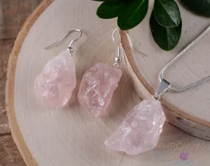 Raw ROSE QUARTZ Crystal Necklace Earrings Set - Raw Crystal Necklace, Dangle Earrings, BirthstoneJewelry,  E0553
