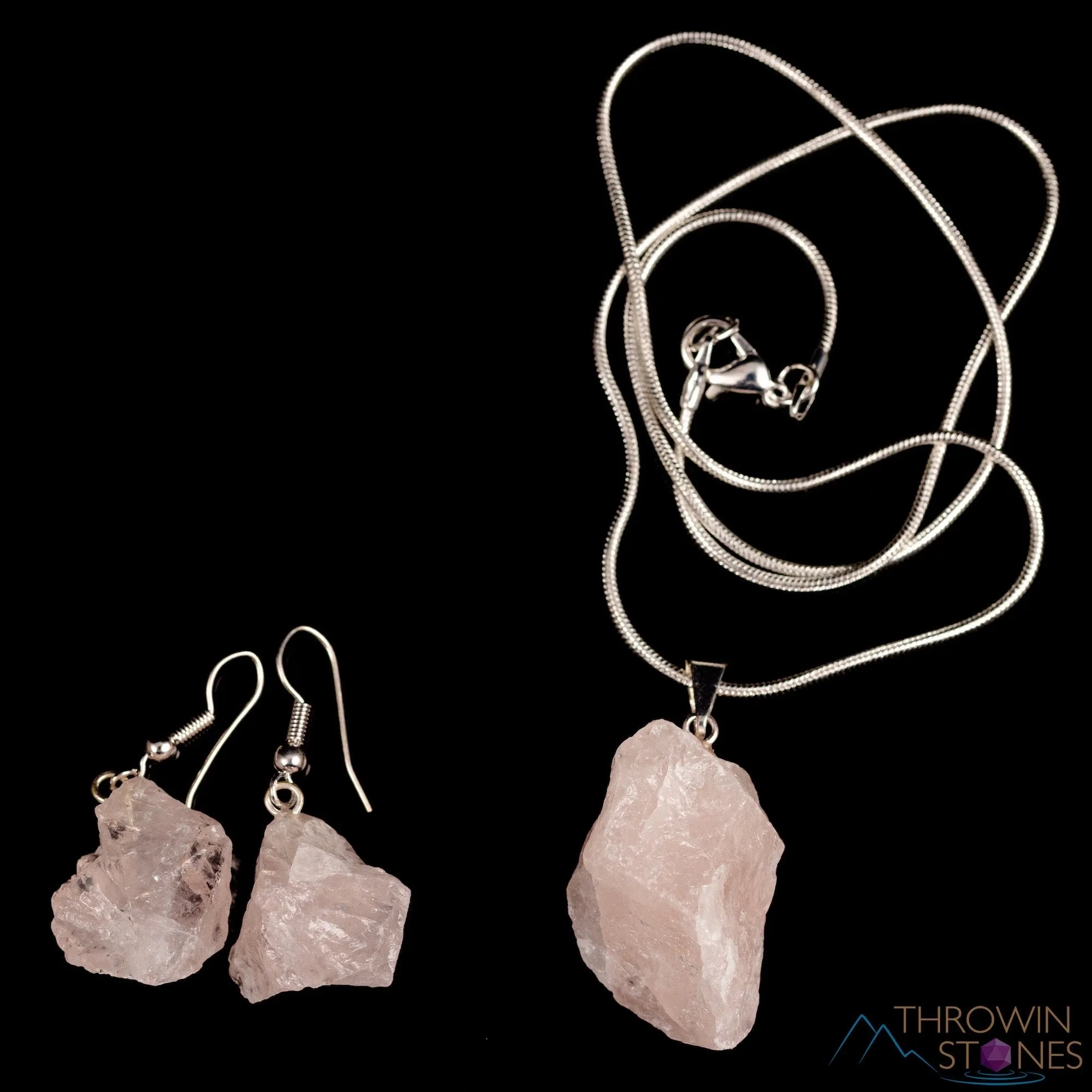 Raw ROSE QUARTZ Crystal Necklace Earrings Set - Raw Crystal Necklace, Dangle Earrings, BirthstoneJewelry,  E0553