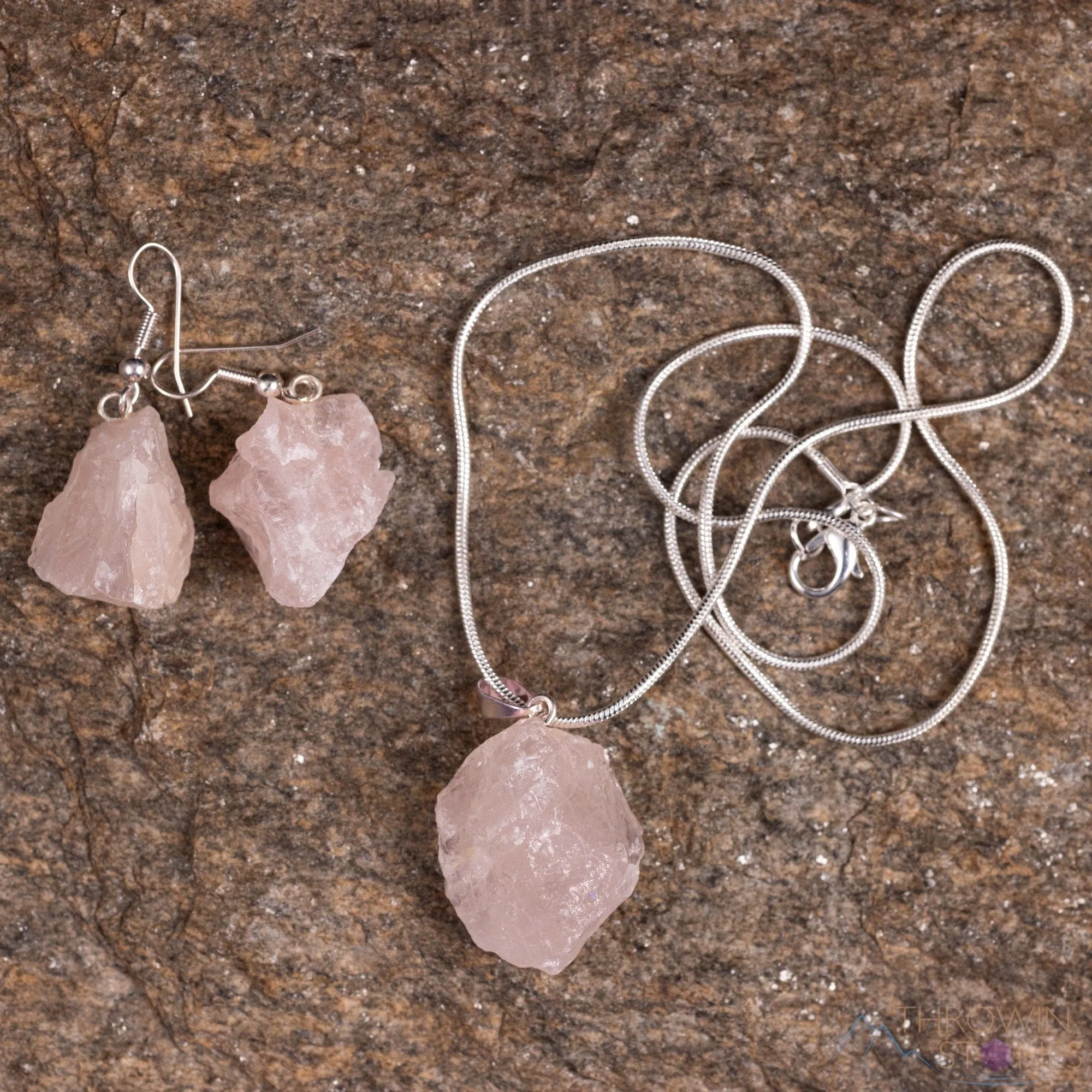 Raw ROSE QUARTZ Crystal Necklace Earrings Set - Raw Crystal Necklace, Dangle Earrings, BirthstoneJewelry,  E0553