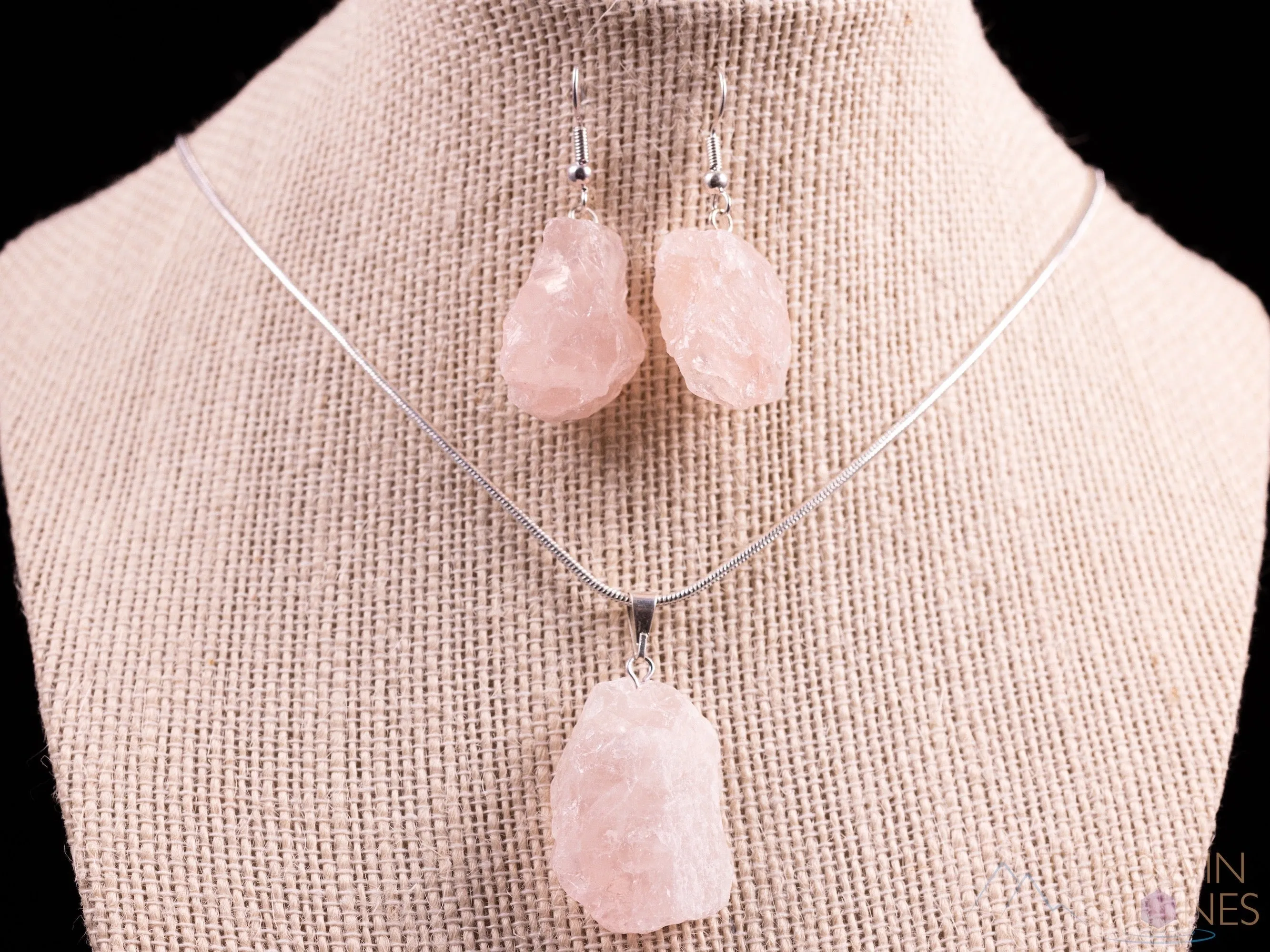 Raw ROSE QUARTZ Crystal Necklace Earrings Set - Raw Crystal Necklace, Dangle Earrings, BirthstoneJewelry,  E0553