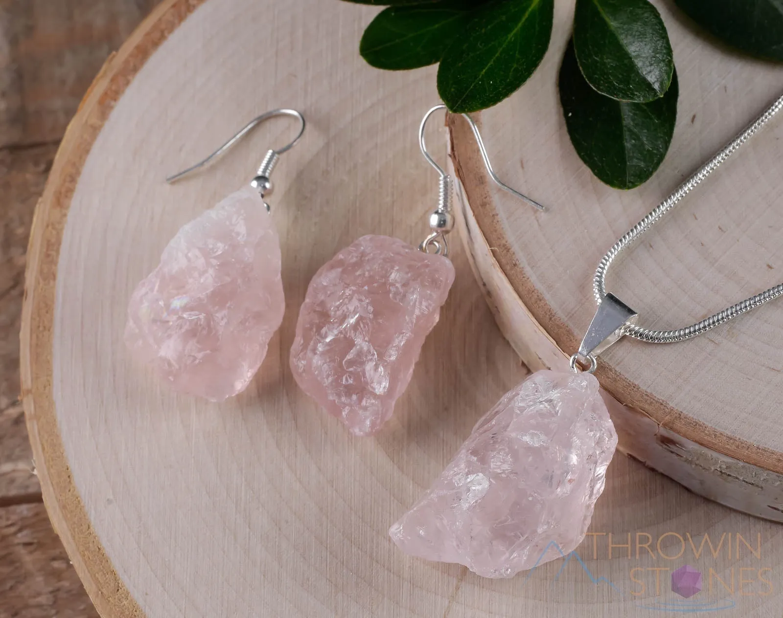 Raw ROSE QUARTZ Crystal Necklace Earrings Set - Raw Crystal Necklace, Dangle Earrings, BirthstoneJewelry,  E0553