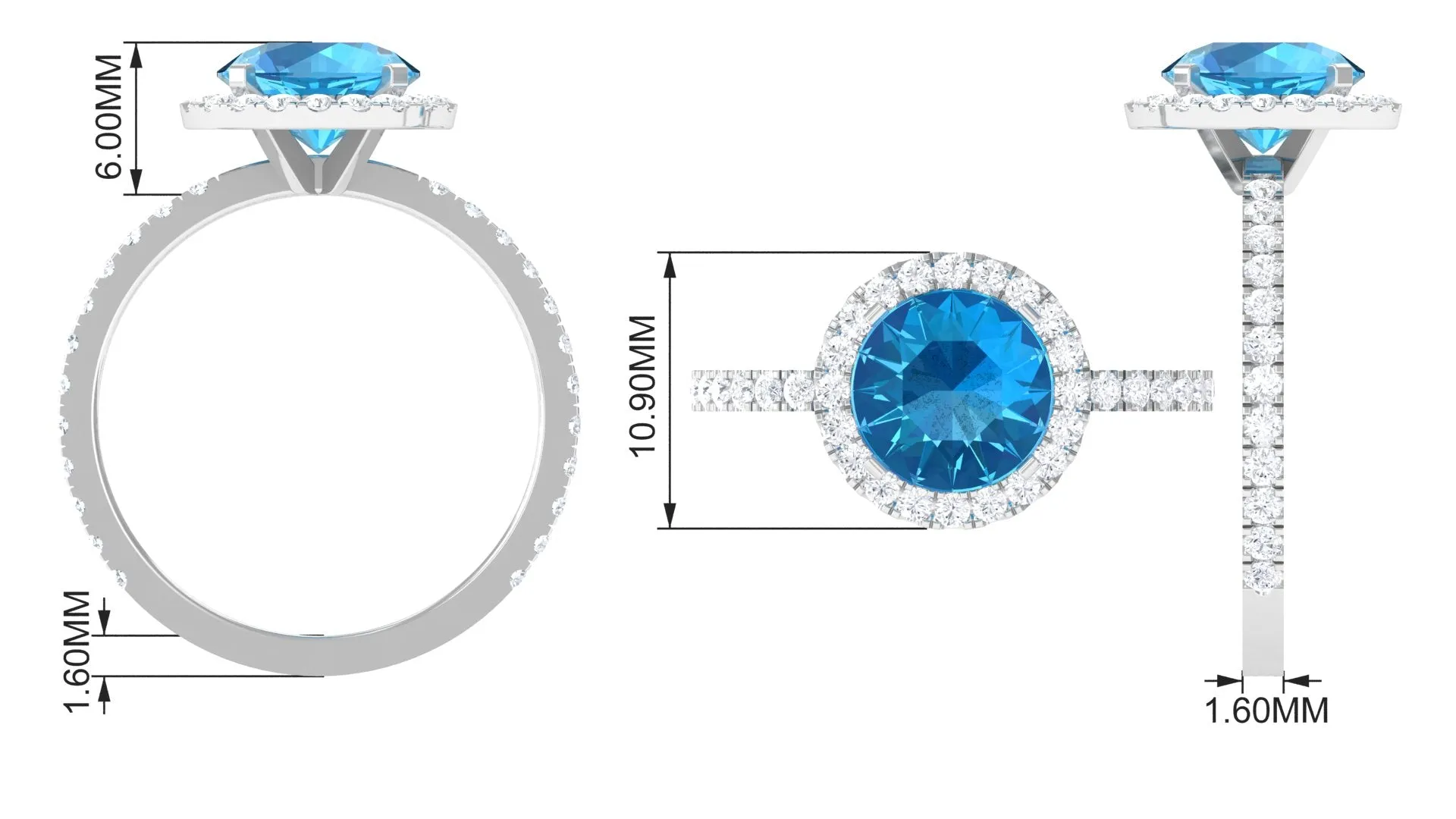 Real Swiss Blue Topaz Halo Engagement Ring with Diamond