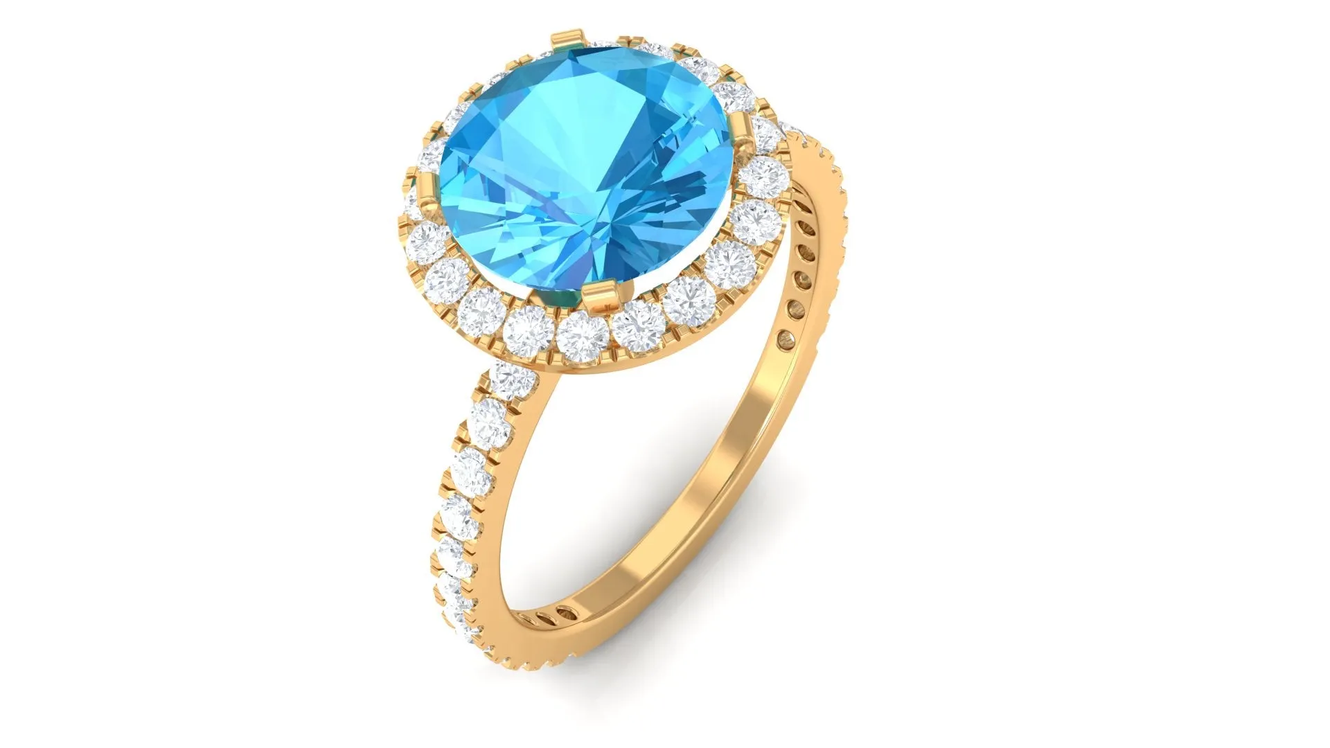 Real Swiss Blue Topaz Halo Engagement Ring with Diamond