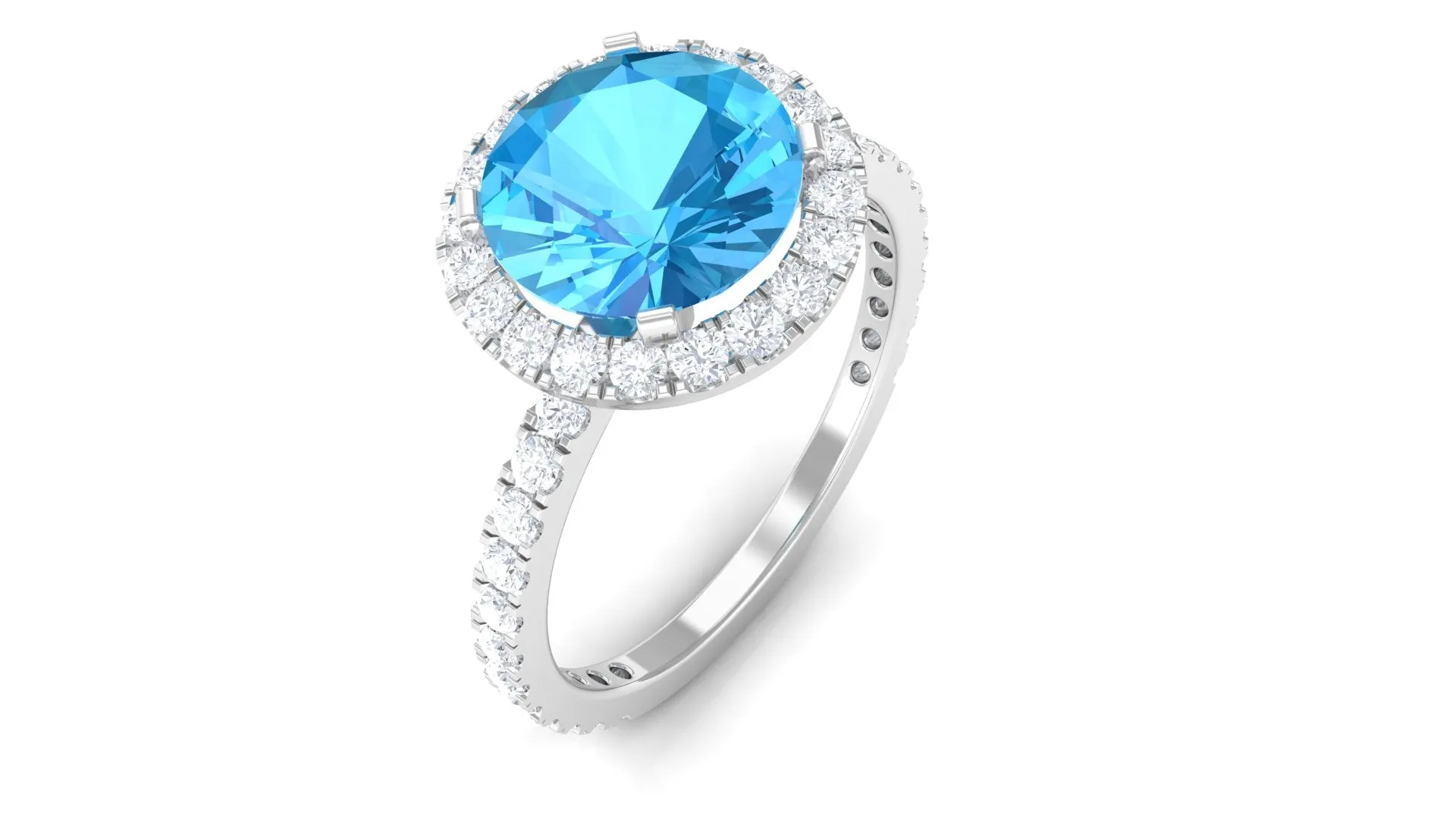 Real Swiss Blue Topaz Halo Engagement Ring with Diamond