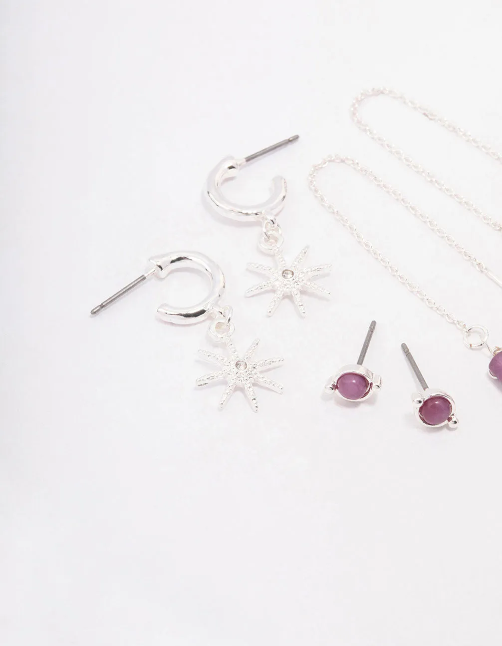 Rhodium Mixed Celestial & Thread Through Earring 4-Pack