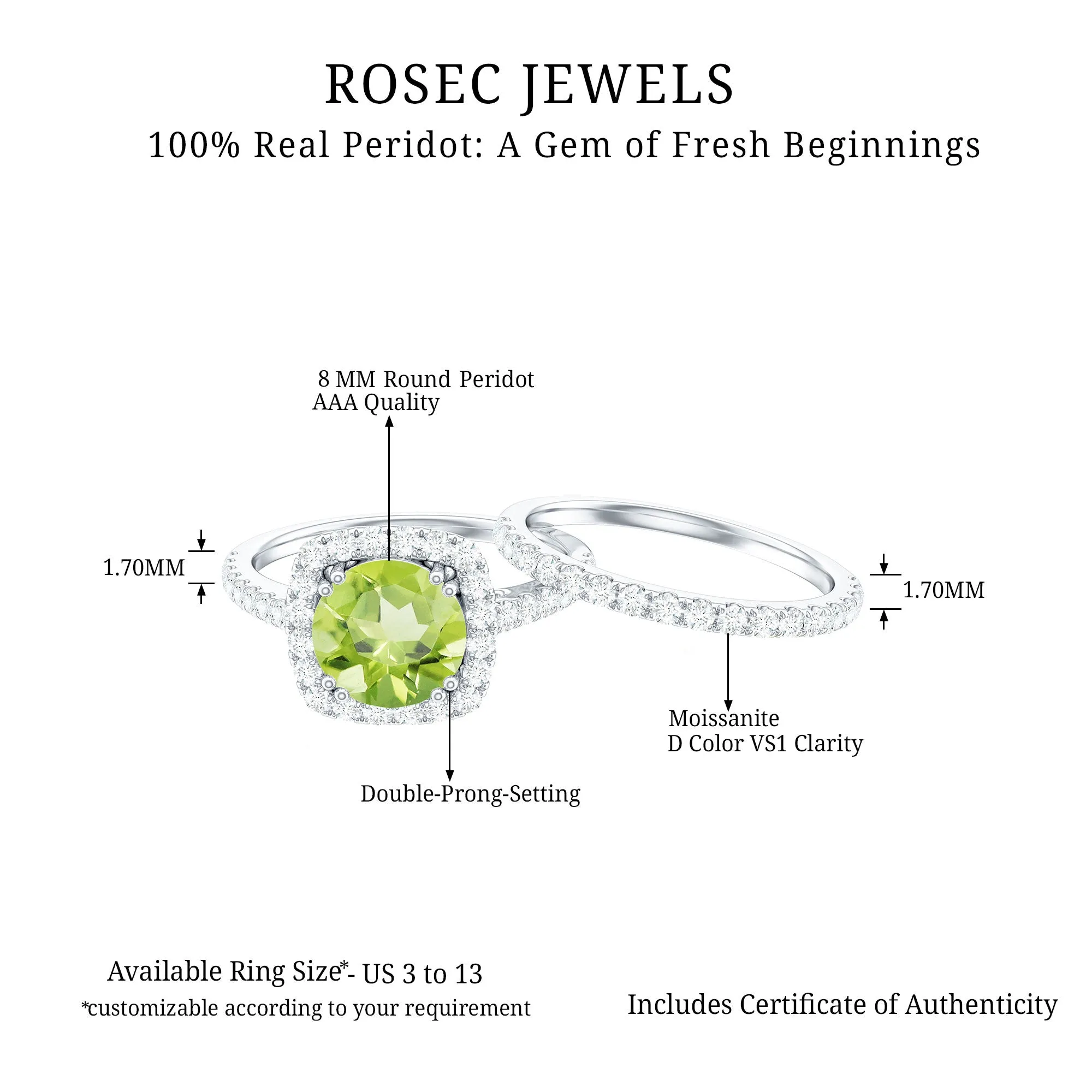 Round Peridot and Moissanite Bridal Ring Set