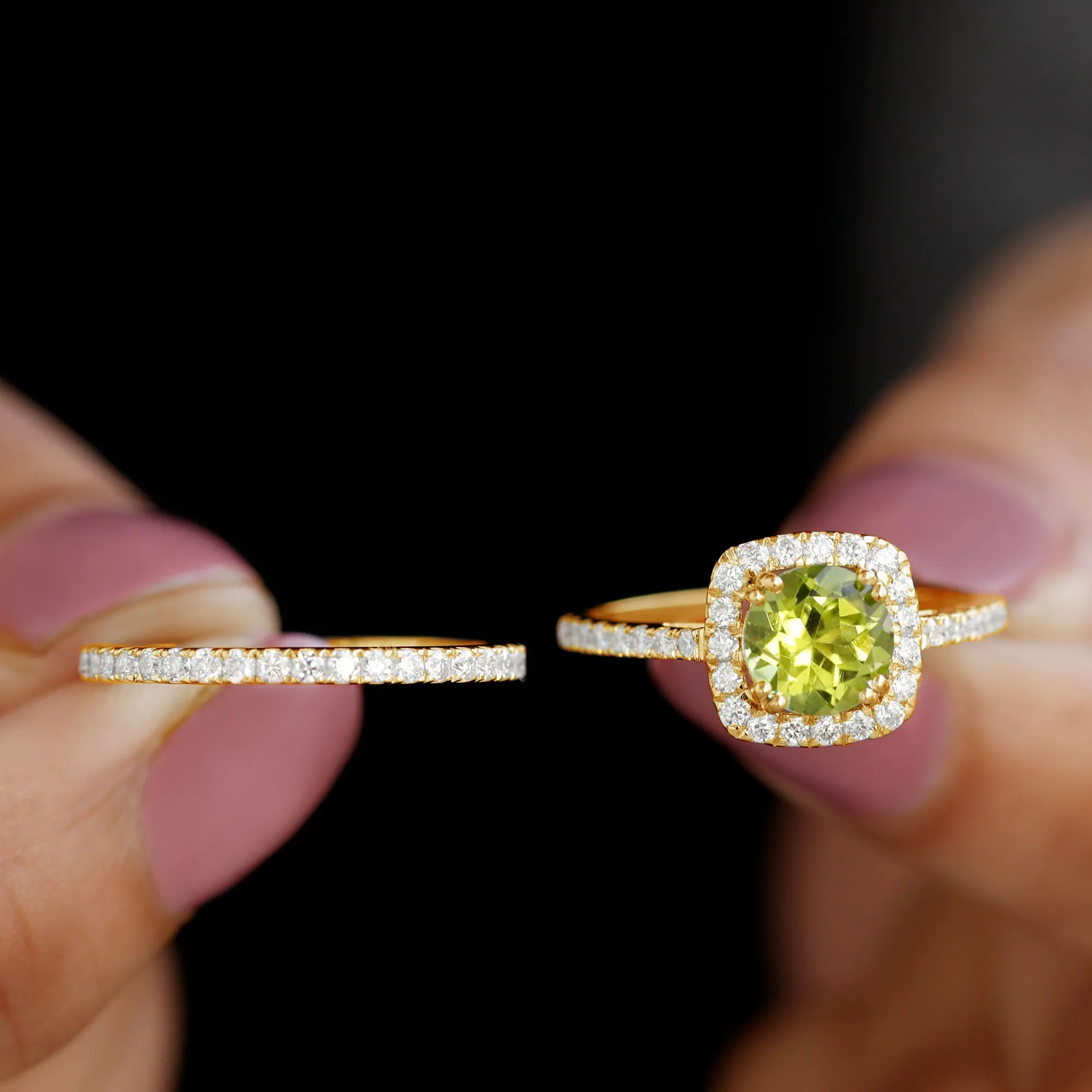Round Peridot and Moissanite Bridal Ring Set