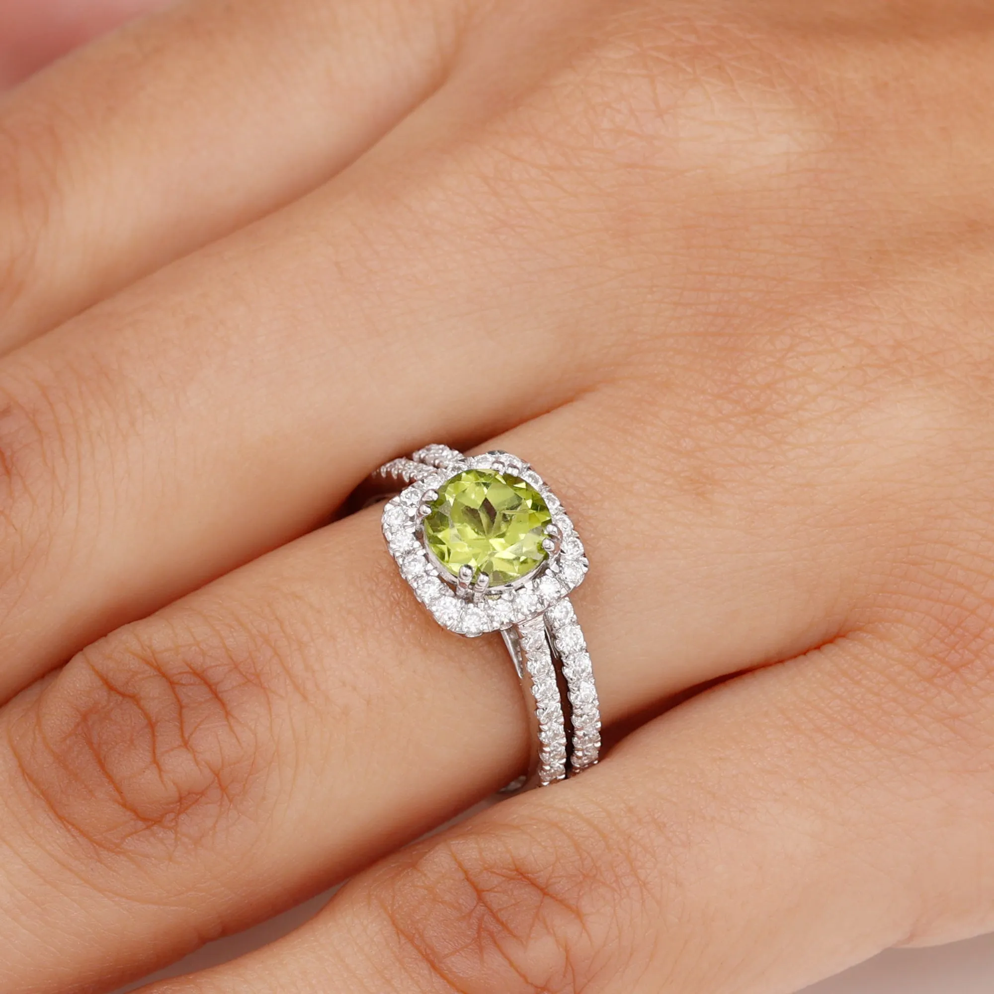 Round Peridot and Moissanite Bridal Ring Set