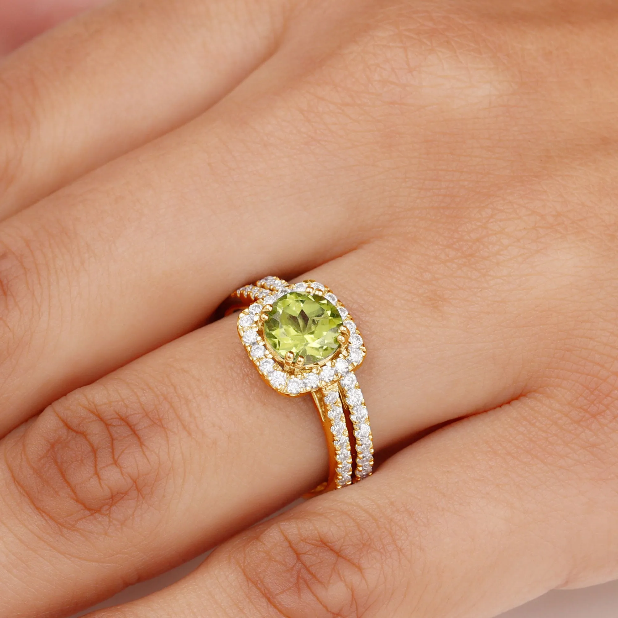 Round Peridot and Moissanite Bridal Ring Set