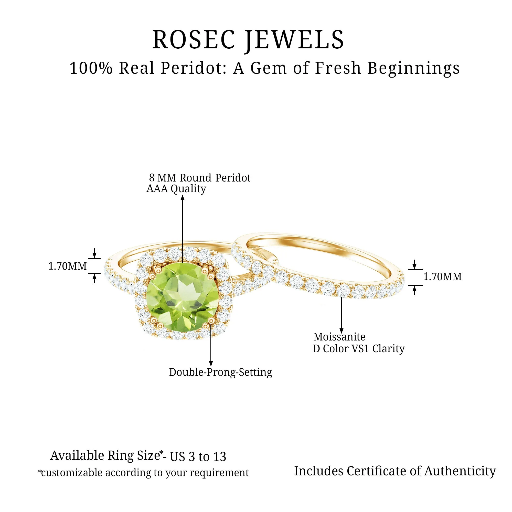 Round Peridot and Moissanite Bridal Ring Set