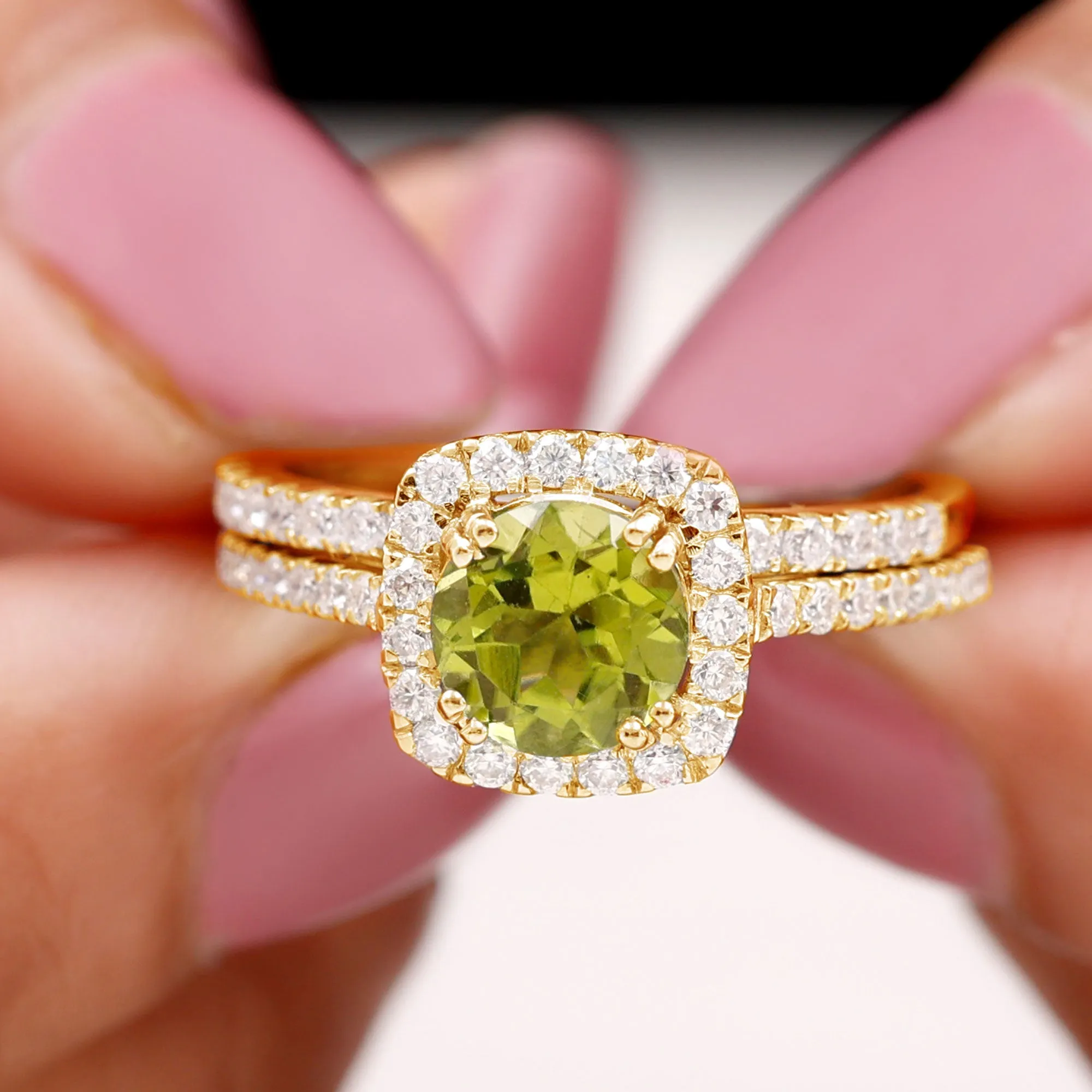 Round Peridot and Moissanite Bridal Ring Set