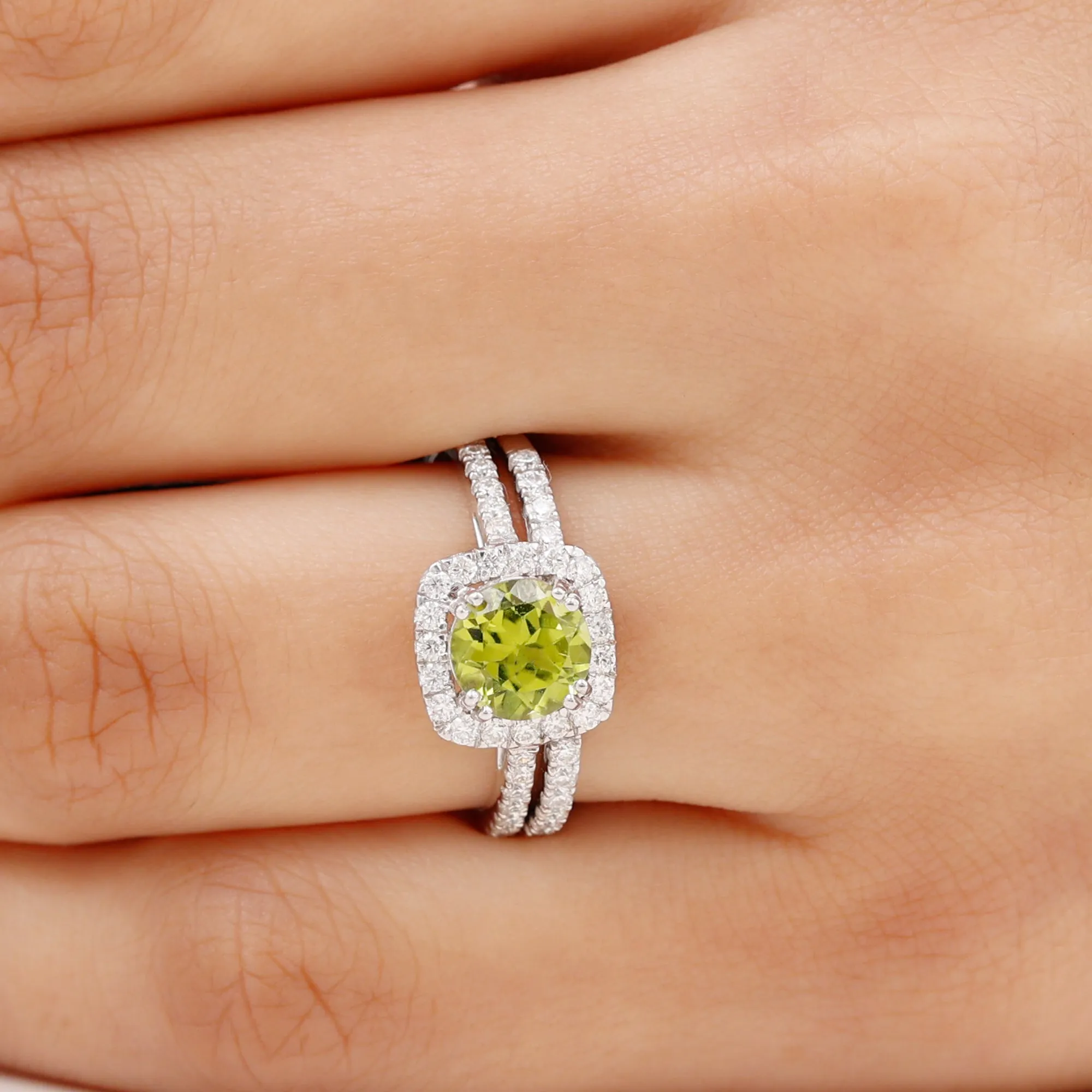Round Peridot and Moissanite Bridal Ring Set