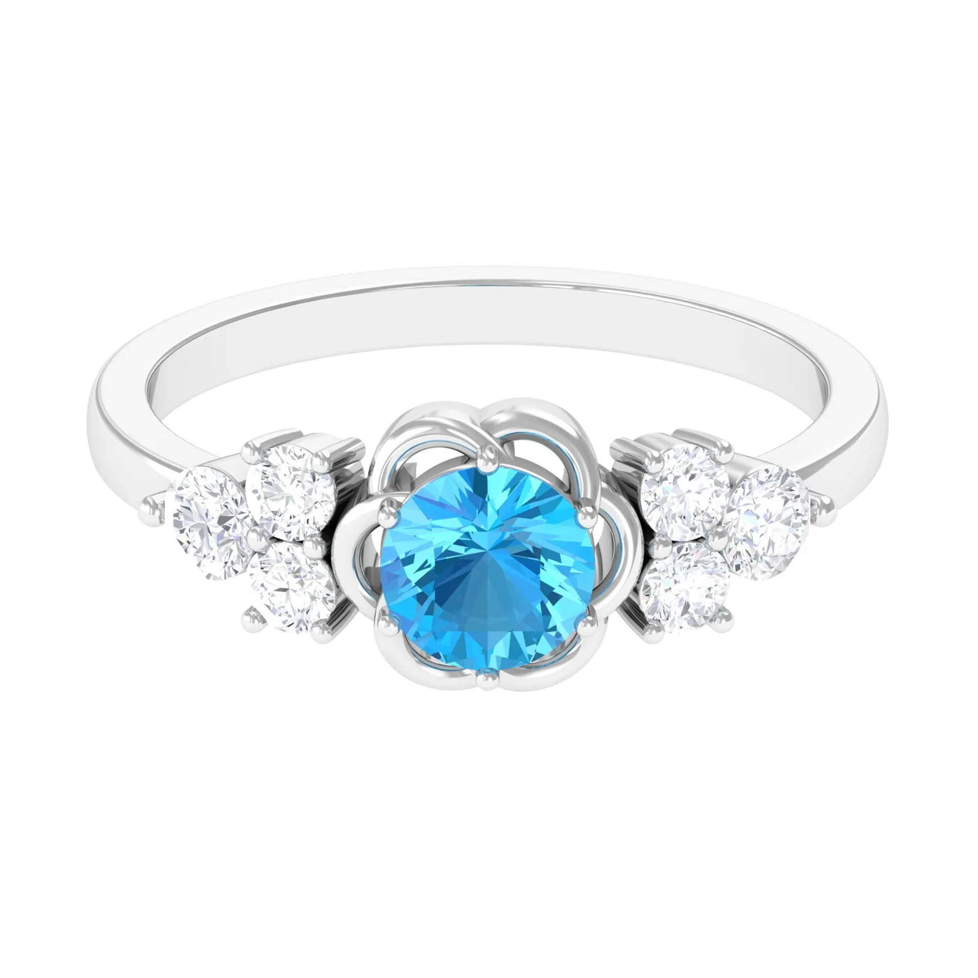 Round Shape Swiss Blue Topaz Floral Engagement Ring with Diamond Trio