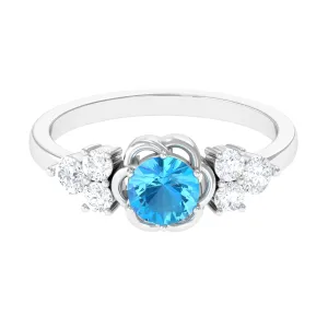 Round Shape Swiss Blue Topaz Floral Engagement Ring with Diamond Trio