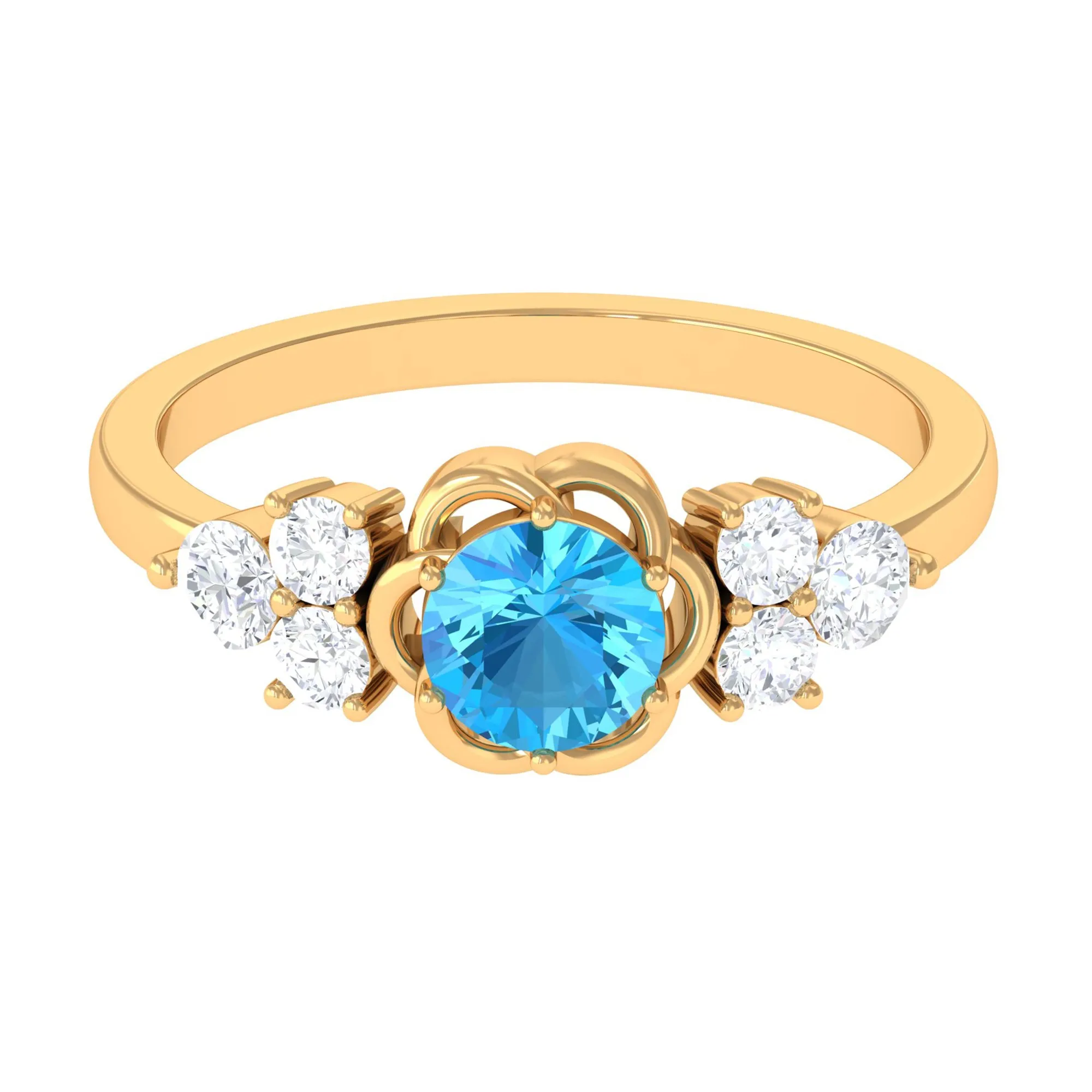 Round Shape Swiss Blue Topaz Floral Engagement Ring with Diamond Trio