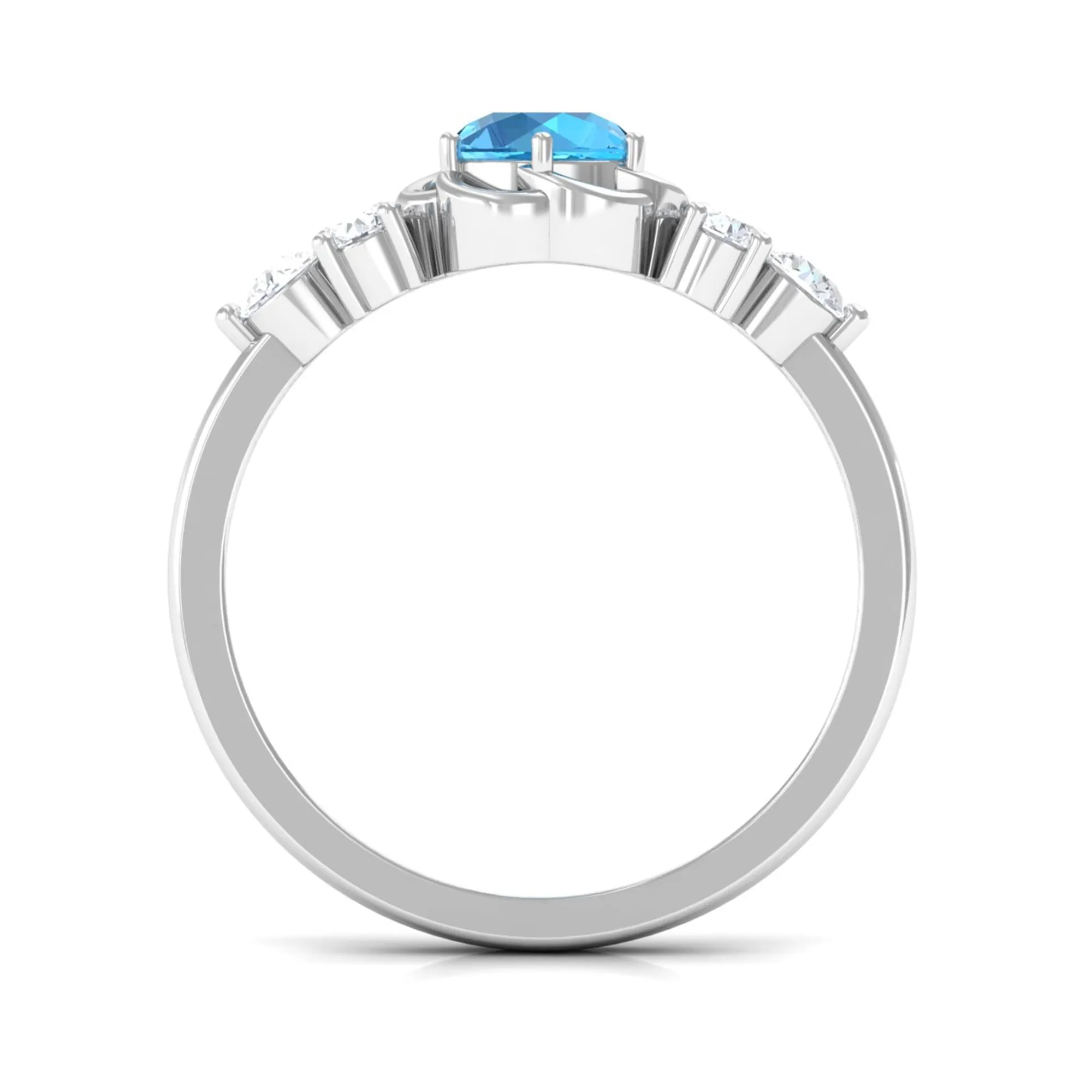 Round Shape Swiss Blue Topaz Floral Engagement Ring with Diamond Trio