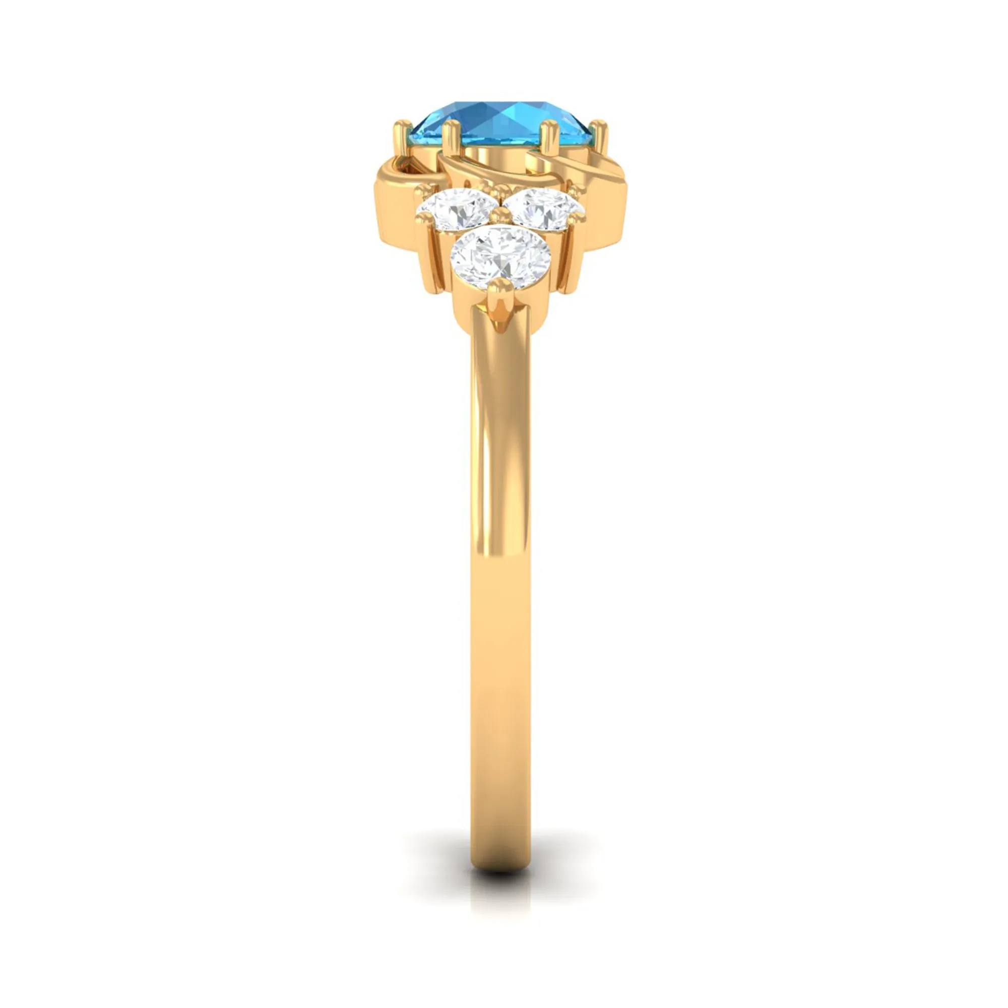 Round Shape Swiss Blue Topaz Floral Engagement Ring with Diamond Trio