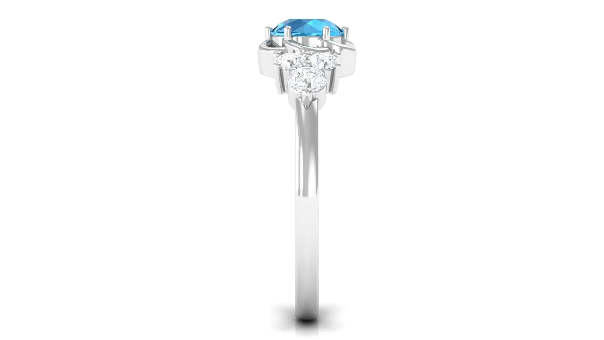 Round Shape Swiss Blue Topaz Floral Engagement Ring with Diamond Trio