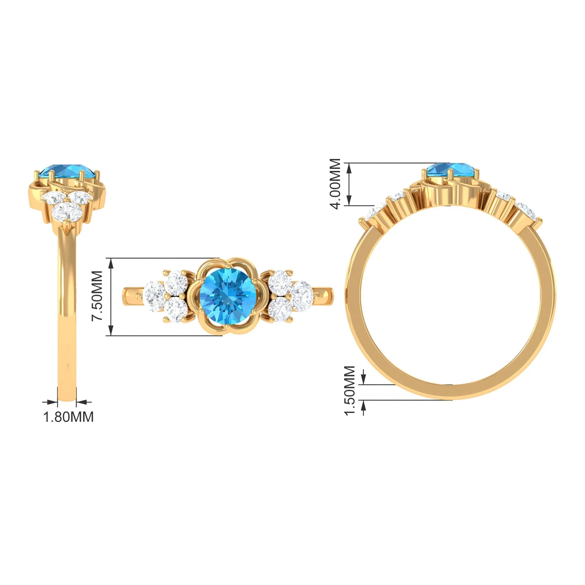 Round Shape Swiss Blue Topaz Floral Engagement Ring with Diamond Trio