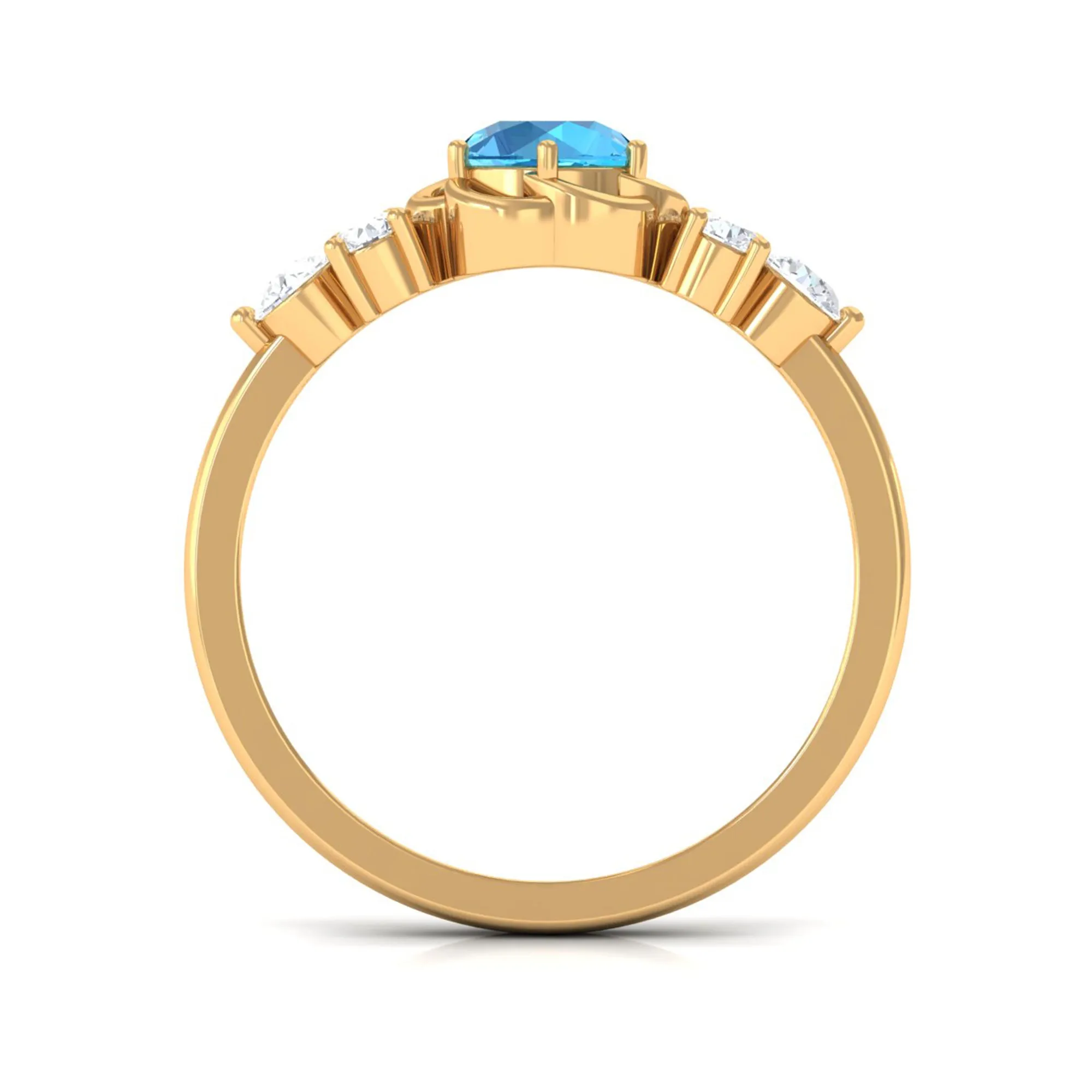 Round Shape Swiss Blue Topaz Floral Engagement Ring with Diamond Trio