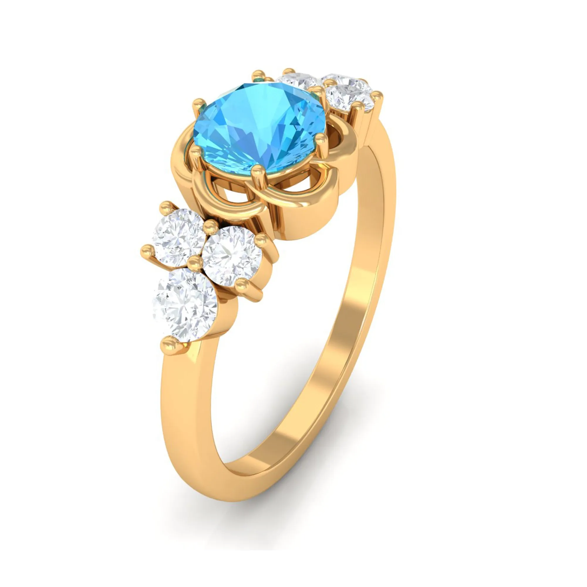 Round Shape Swiss Blue Topaz Floral Engagement Ring with Diamond Trio