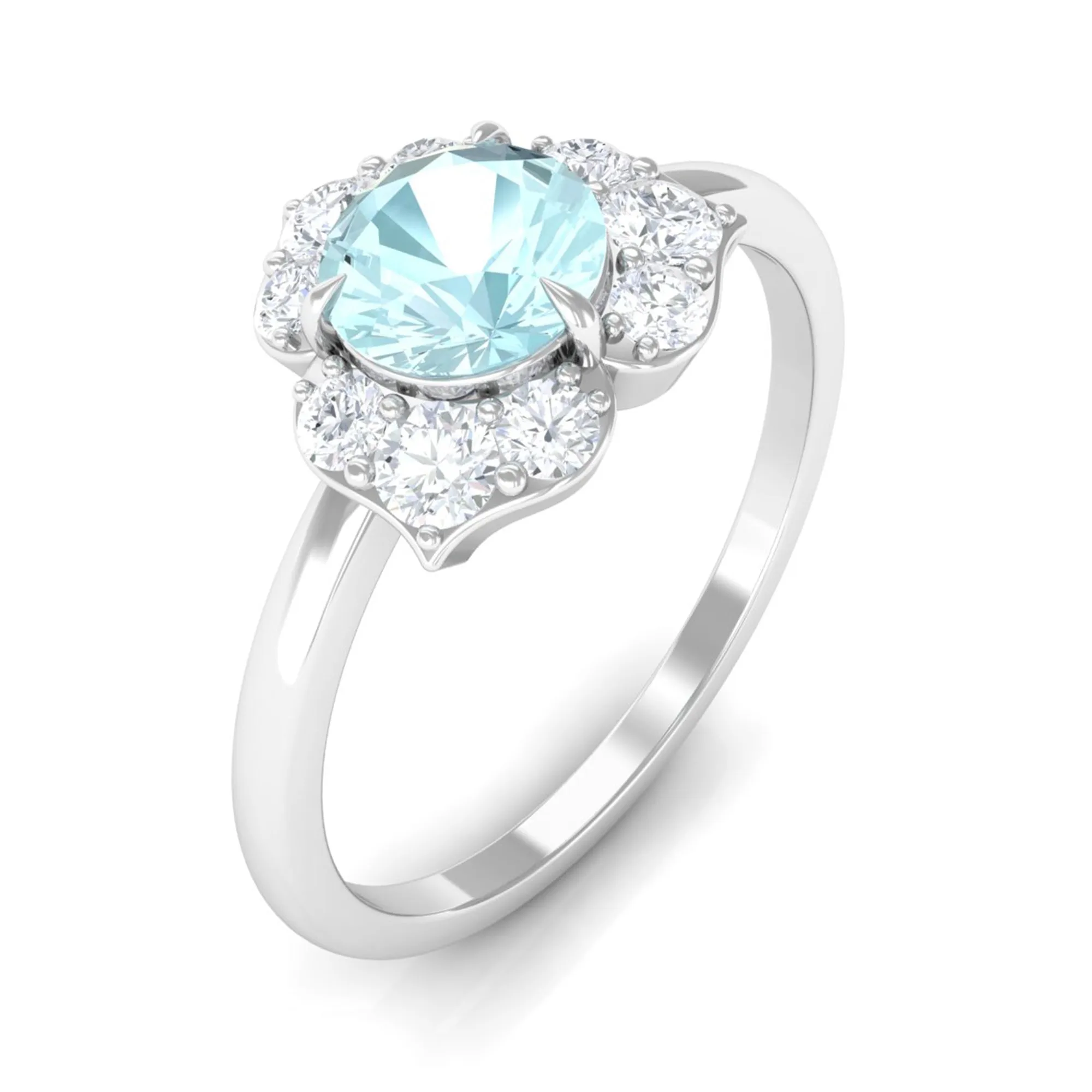 Round Sky Blue Topaz Flower Ring with Diamond Accent