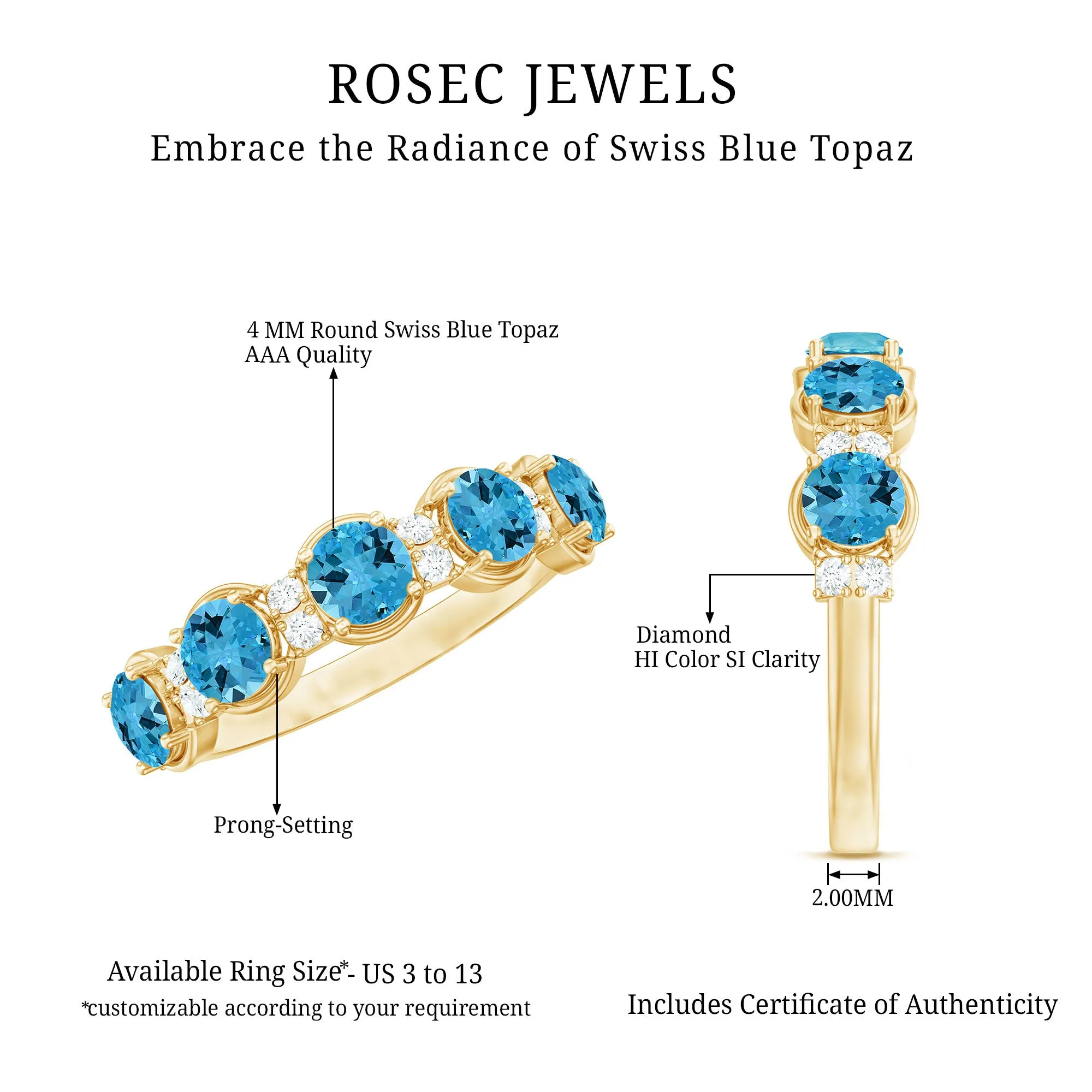 Round Swiss Blue Topaz and Diamond Half Eternity Ring