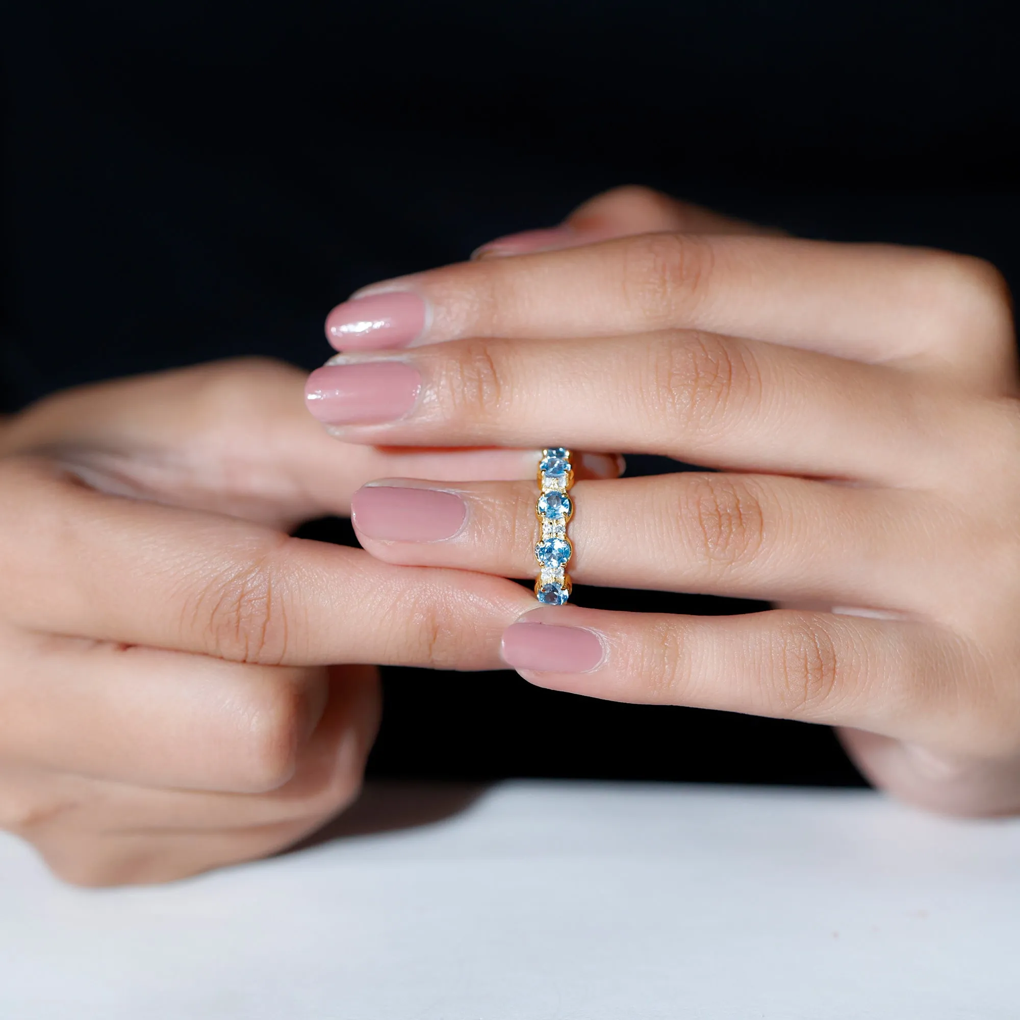 Round Swiss Blue Topaz and Diamond Half Eternity Ring