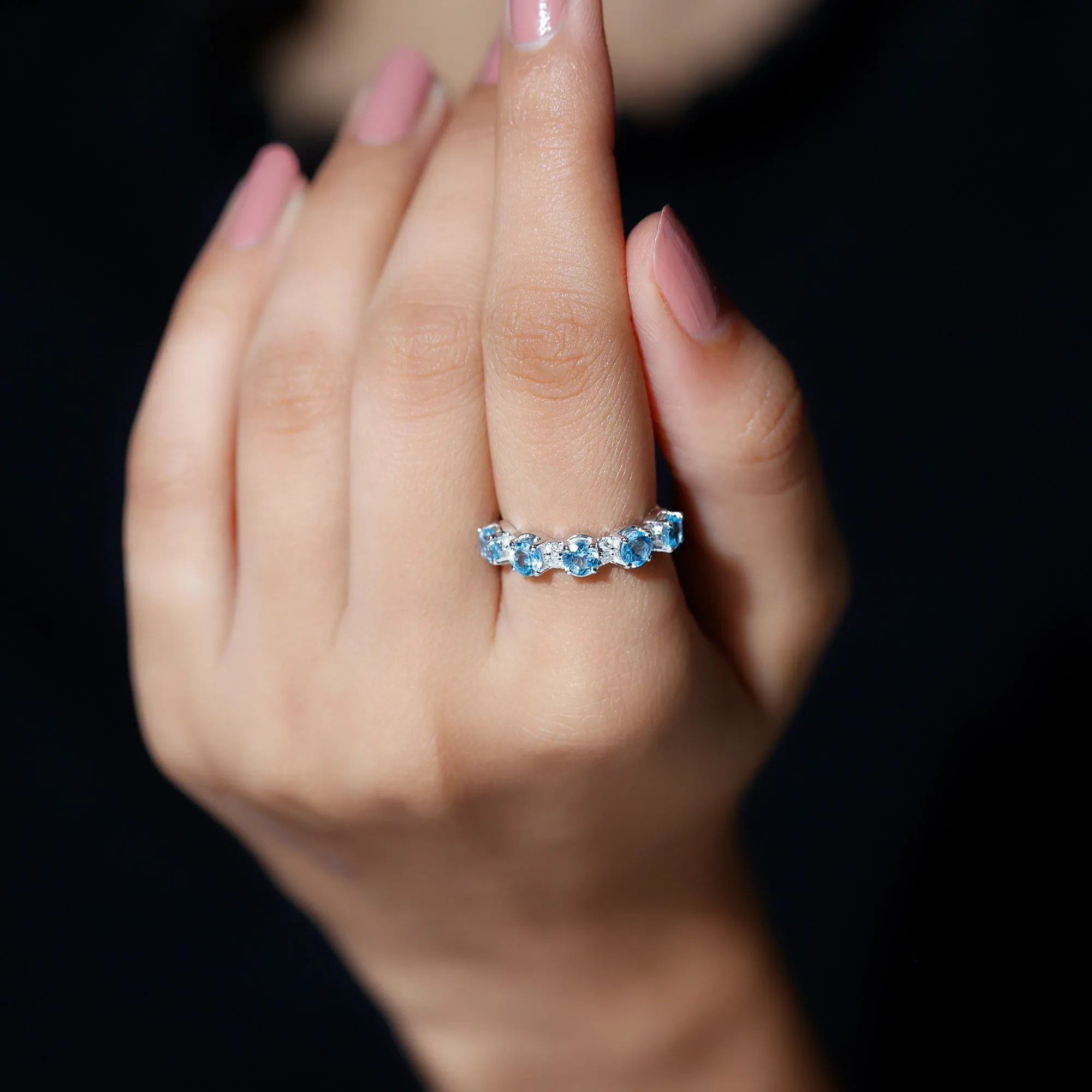 Round Swiss Blue Topaz and Diamond Half Eternity Ring