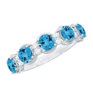 Round Swiss Blue Topaz and Diamond Half Eternity Ring