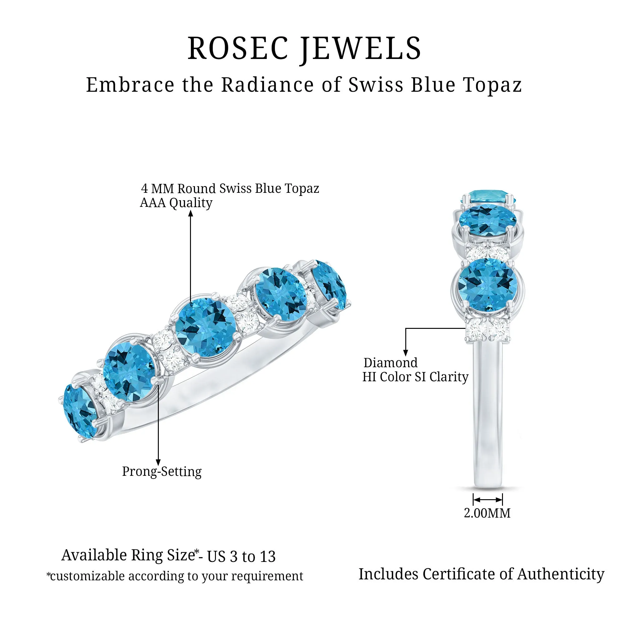Round Swiss Blue Topaz and Diamond Half Eternity Ring
