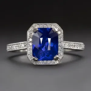 SAPPHIRE DIAMOND ENGAGEMENT RING PLATINUM HALO RADIANT CUT 3.5 CARAT NATURAL