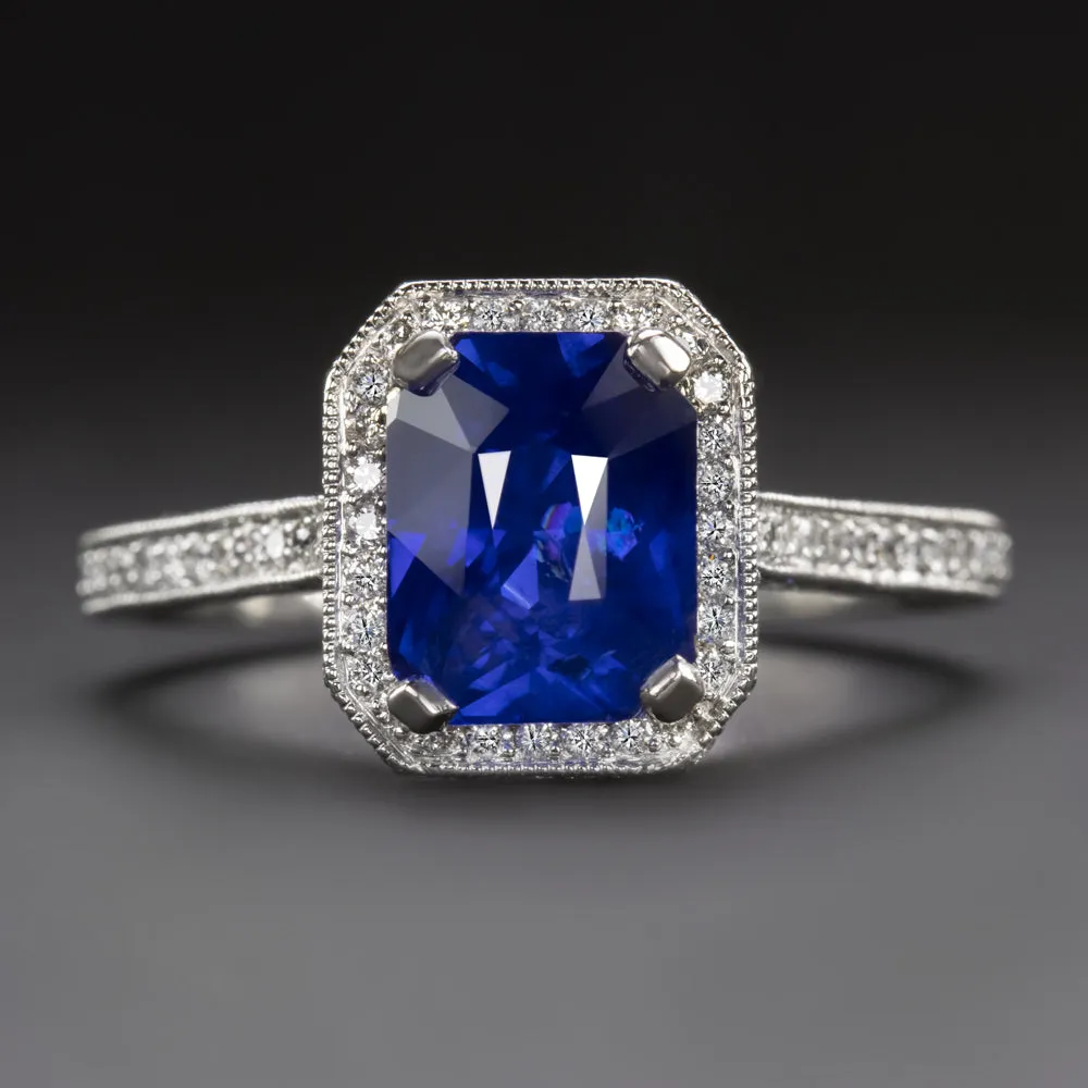 SAPPHIRE DIAMOND ENGAGEMENT RING PLATINUM HALO RADIANT CUT 3.5 CARAT NATURAL