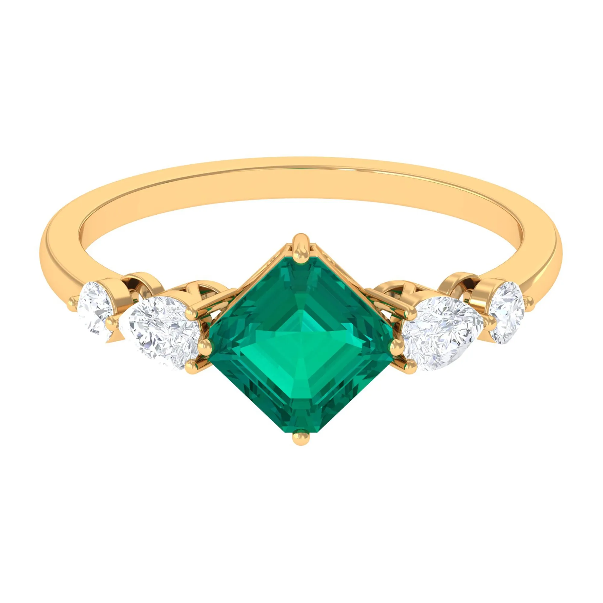 Simple Asscher shape Emerald Solitaire Engagement Ring with Diamond