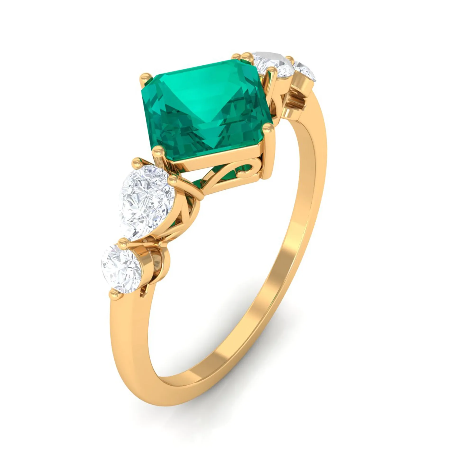 Simple Asscher shape Emerald Solitaire Engagement Ring with Diamond