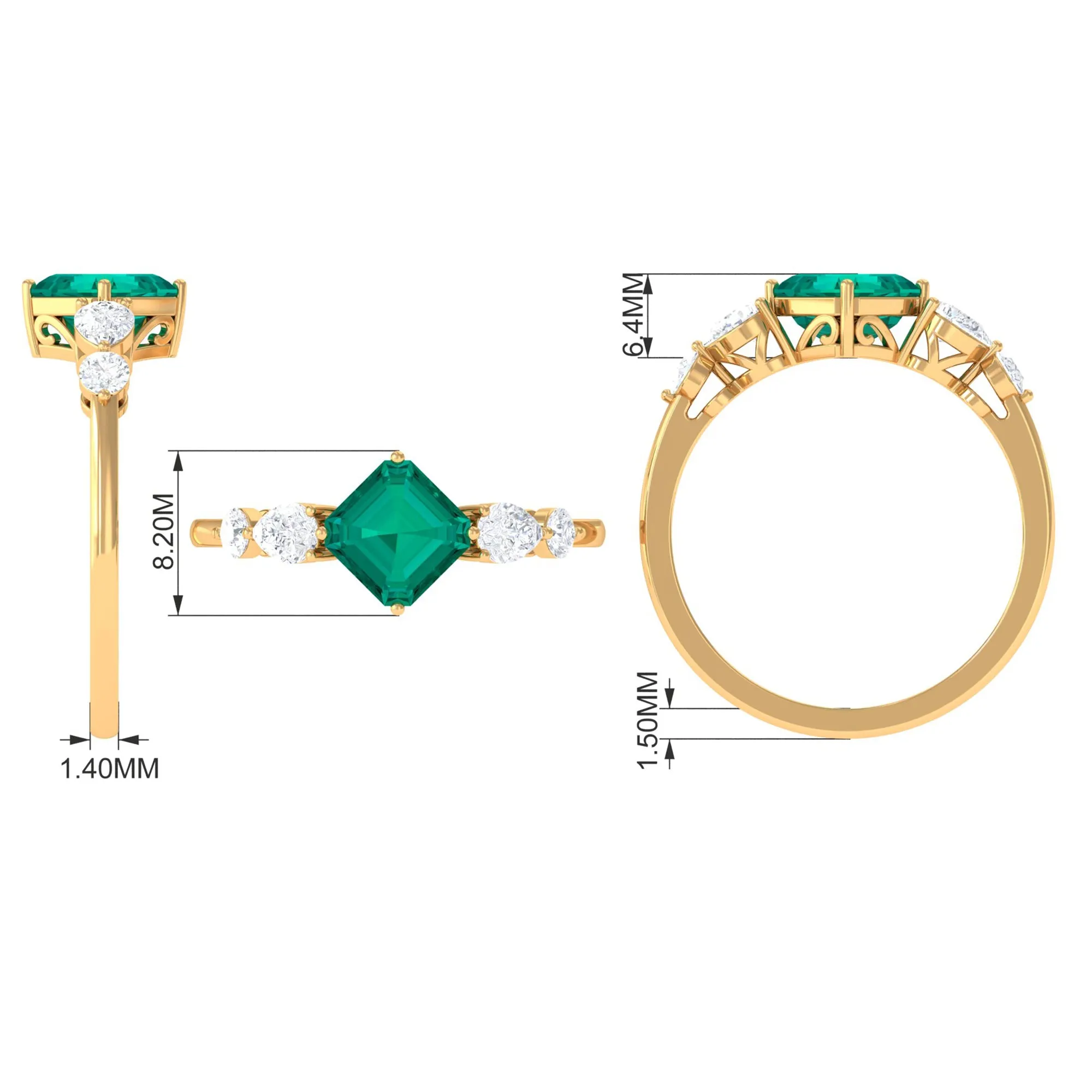 Simple Asscher shape Emerald Solitaire Engagement Ring with Diamond