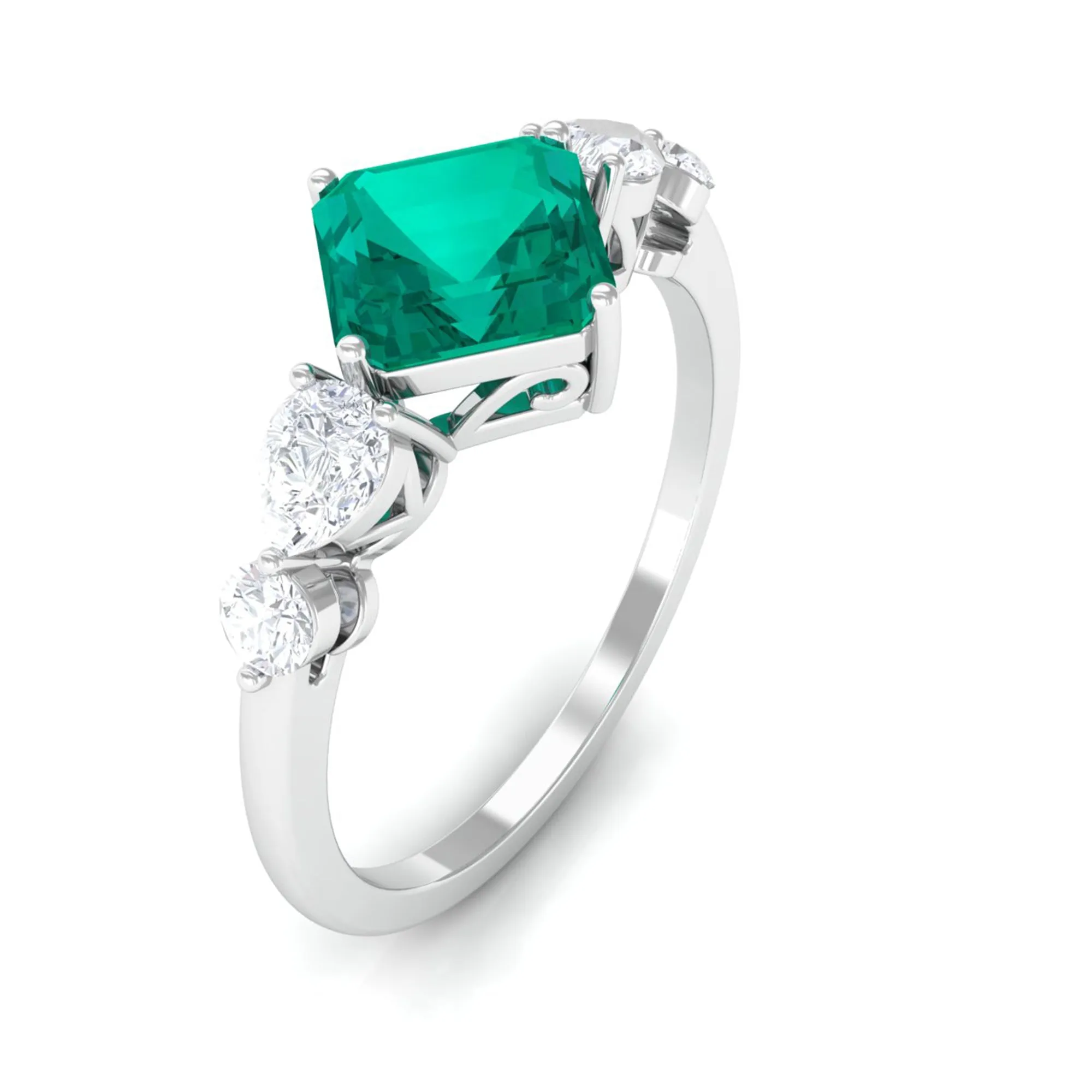 Simple Asscher shape Emerald Solitaire Engagement Ring with Diamond