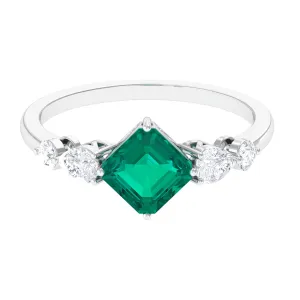 Simple Asscher shape Emerald Solitaire Engagement Ring with Diamond