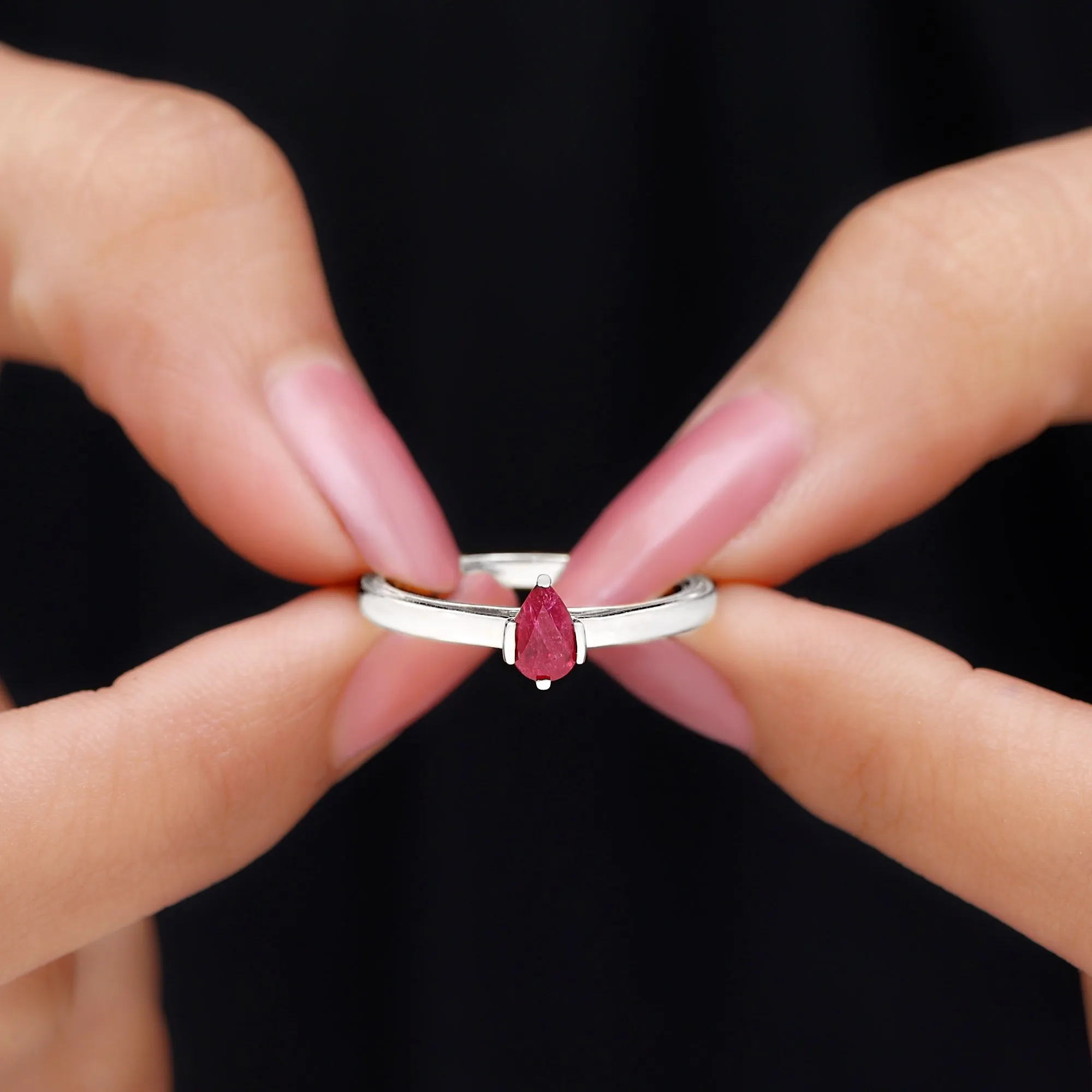 Simple Pear Cut Ruby Solitaire Promise Ring