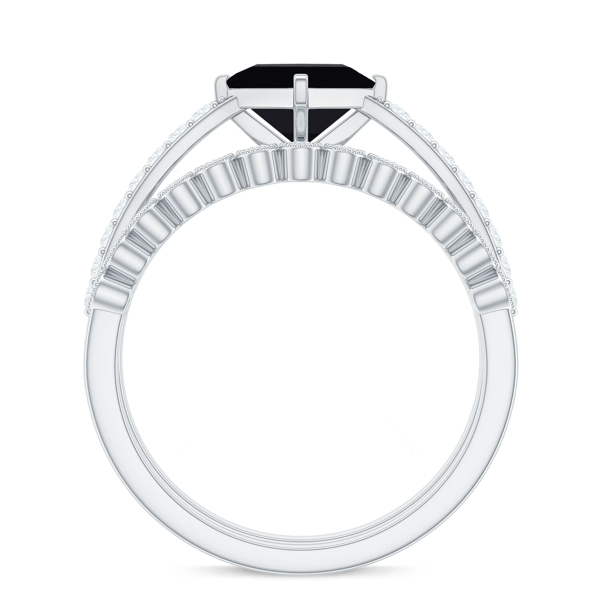 Solitaire Black Diamond and Moissanite Ring Set with Beaded
