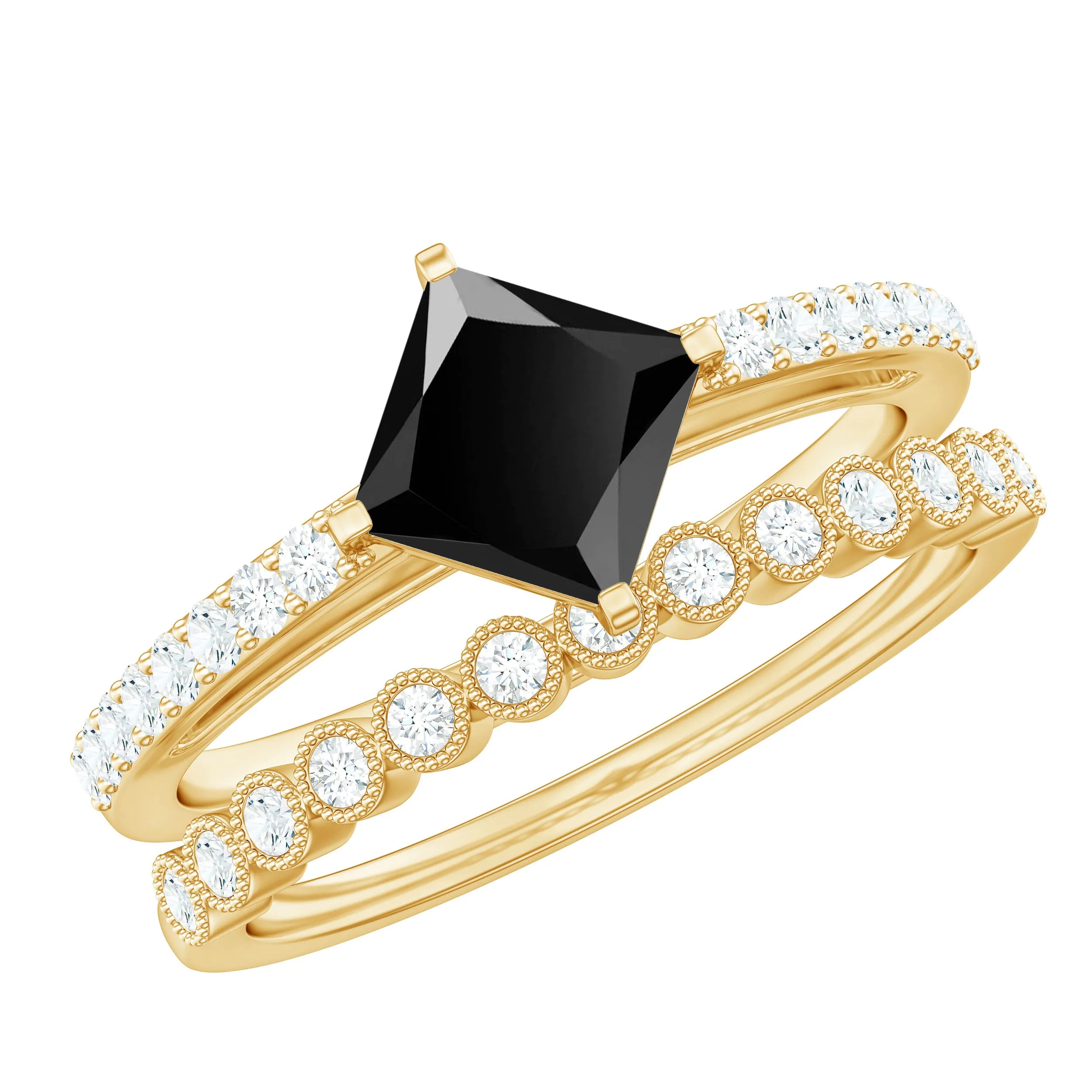 Solitaire Black Diamond and Moissanite Ring Set with Beaded