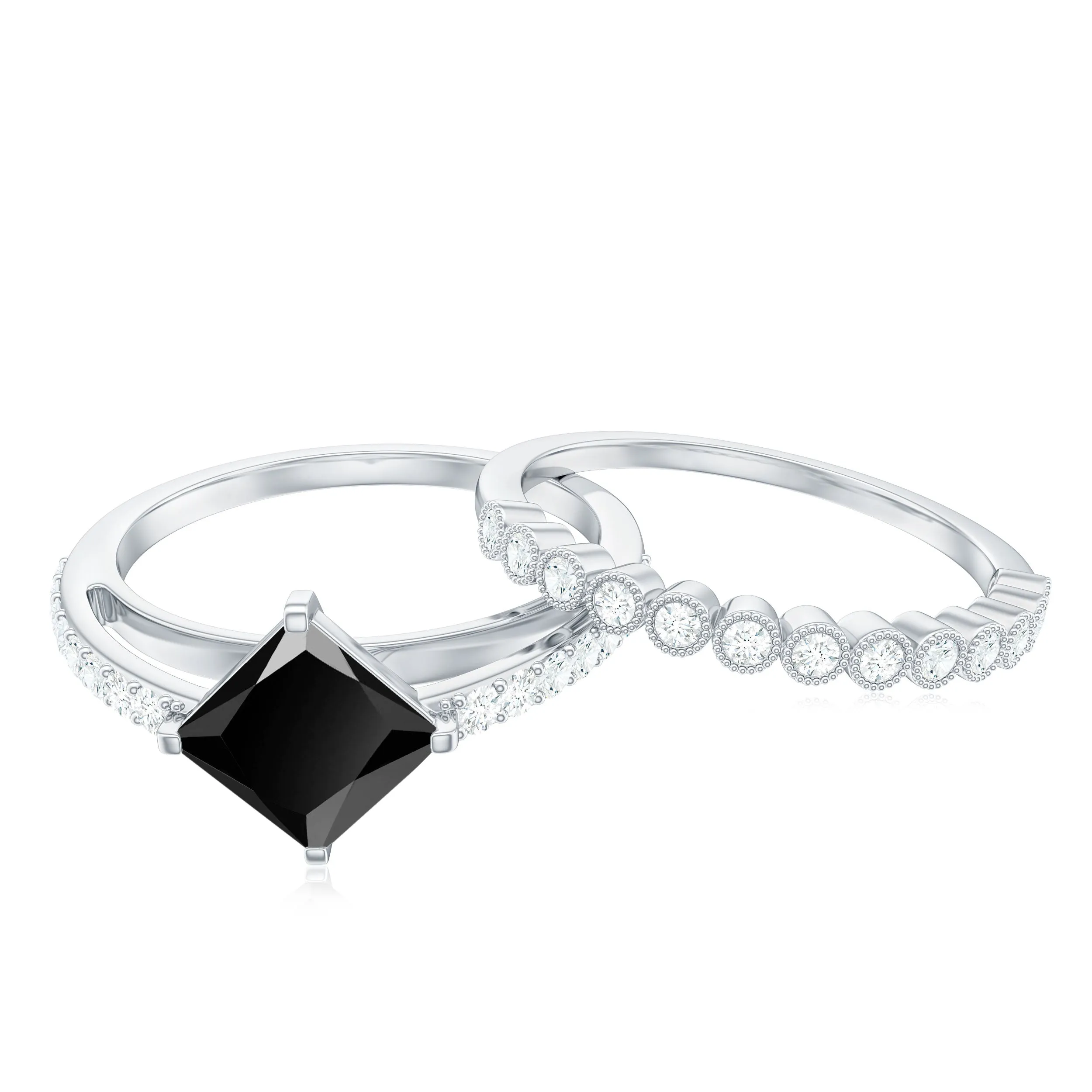 Solitaire Black Diamond and Moissanite Ring Set with Beaded