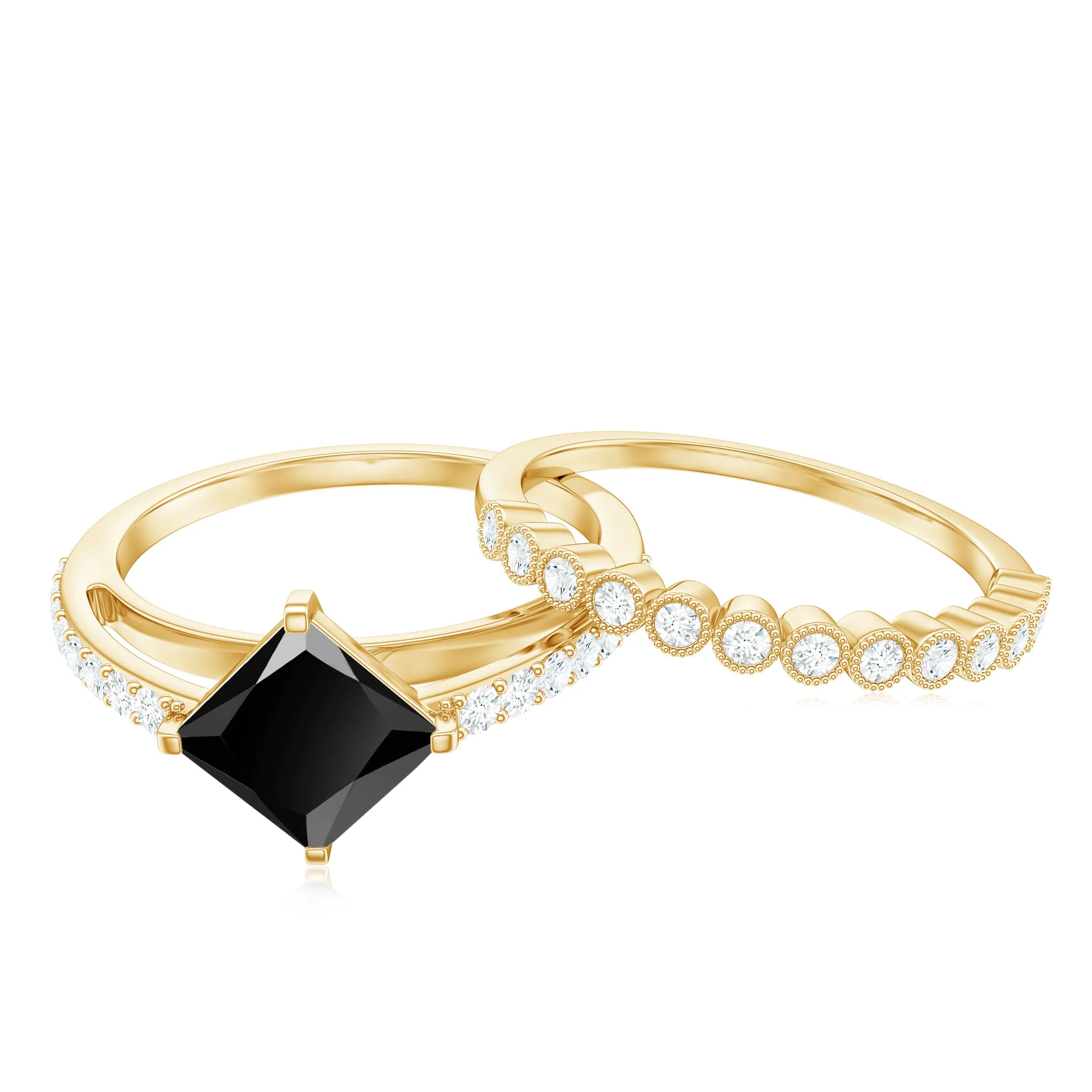 Solitaire Black Diamond and Moissanite Ring Set with Beaded