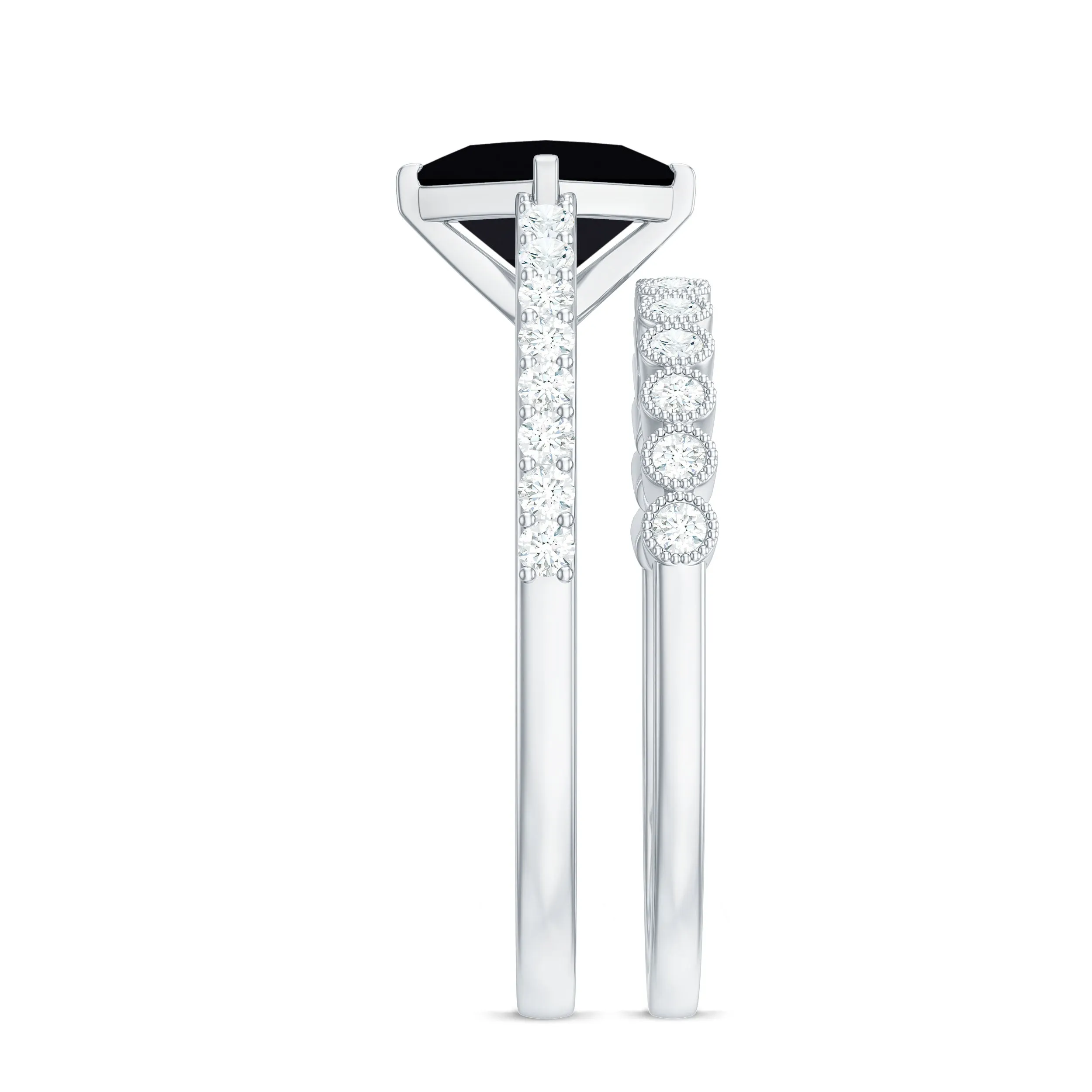 Solitaire Black Diamond and Moissanite Ring Set with Beaded