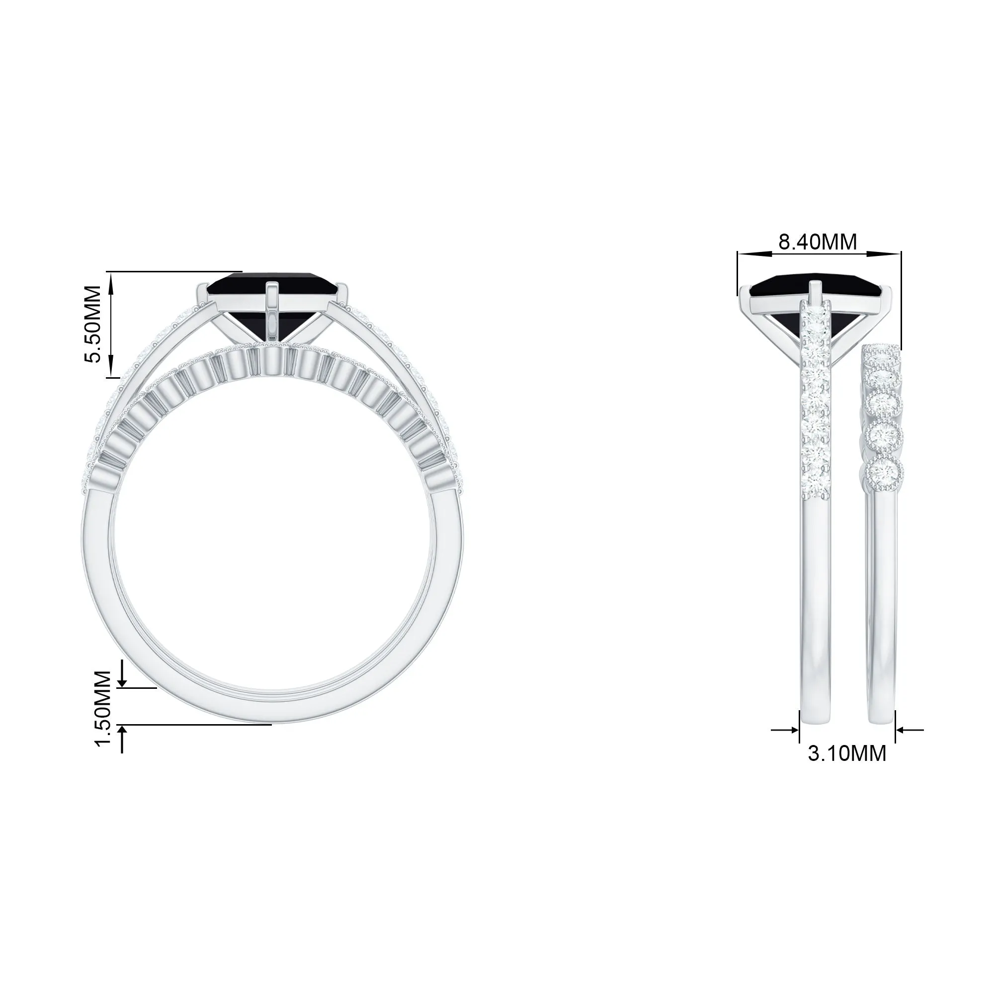 Solitaire Black Diamond and Moissanite Ring Set with Beaded